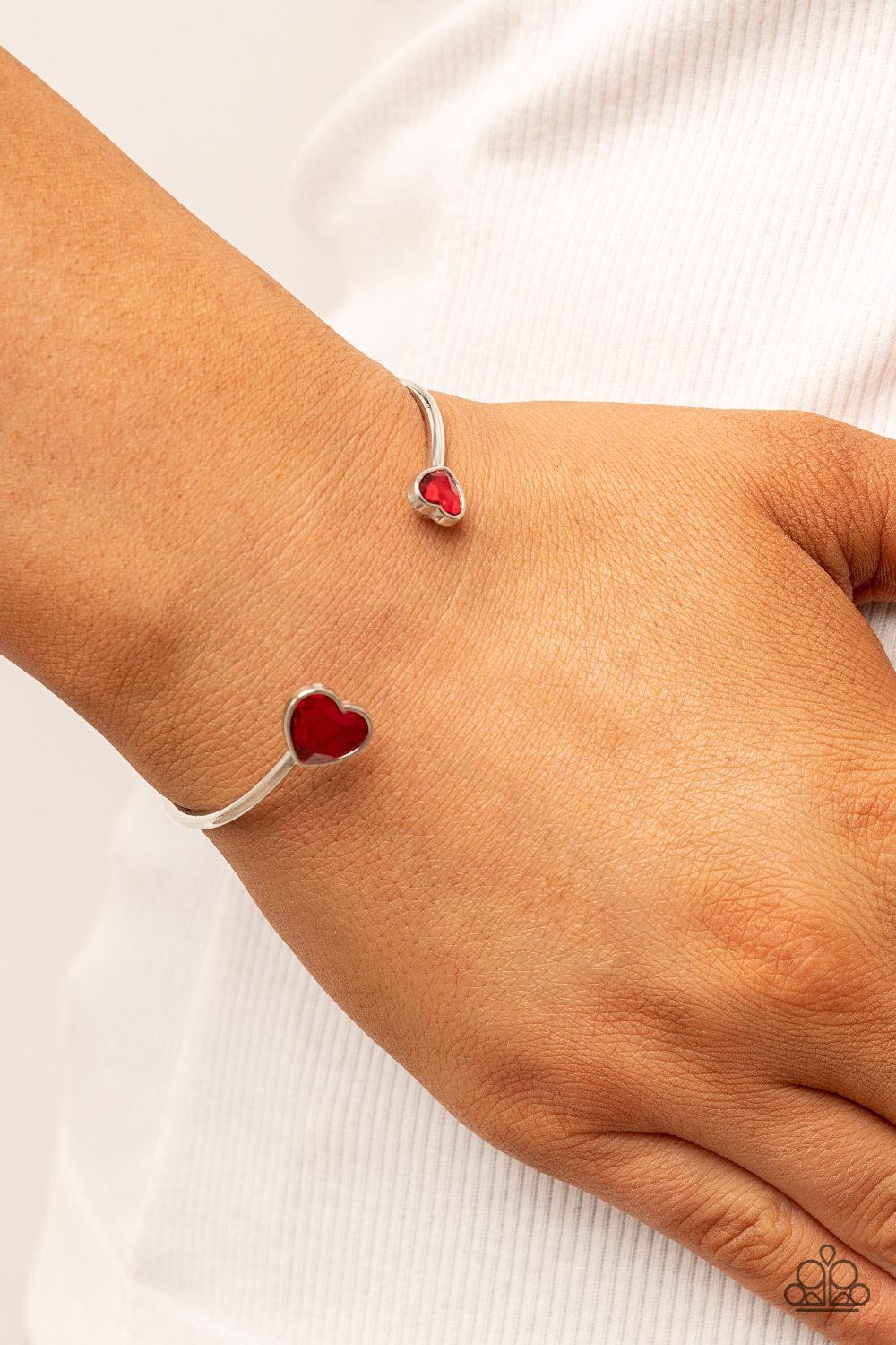 Unrequited Love Red Rhinestone Heart Cuff Bracelet - Paparazzi Accessories- lightbox - CarasShop.com - Paparazzi Jewelry by Cara Jewels