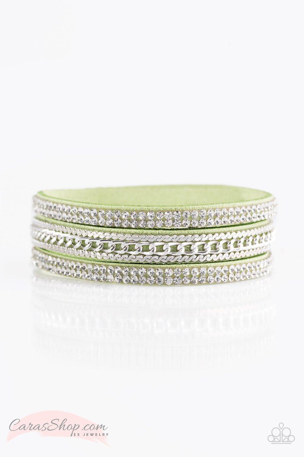 Unstoppable Green Suede Wrap Snap Bracelet - Paparazzi Accessories- lightbox - CarasShop.com - Paparazzi Jewelry by Cara Jewels