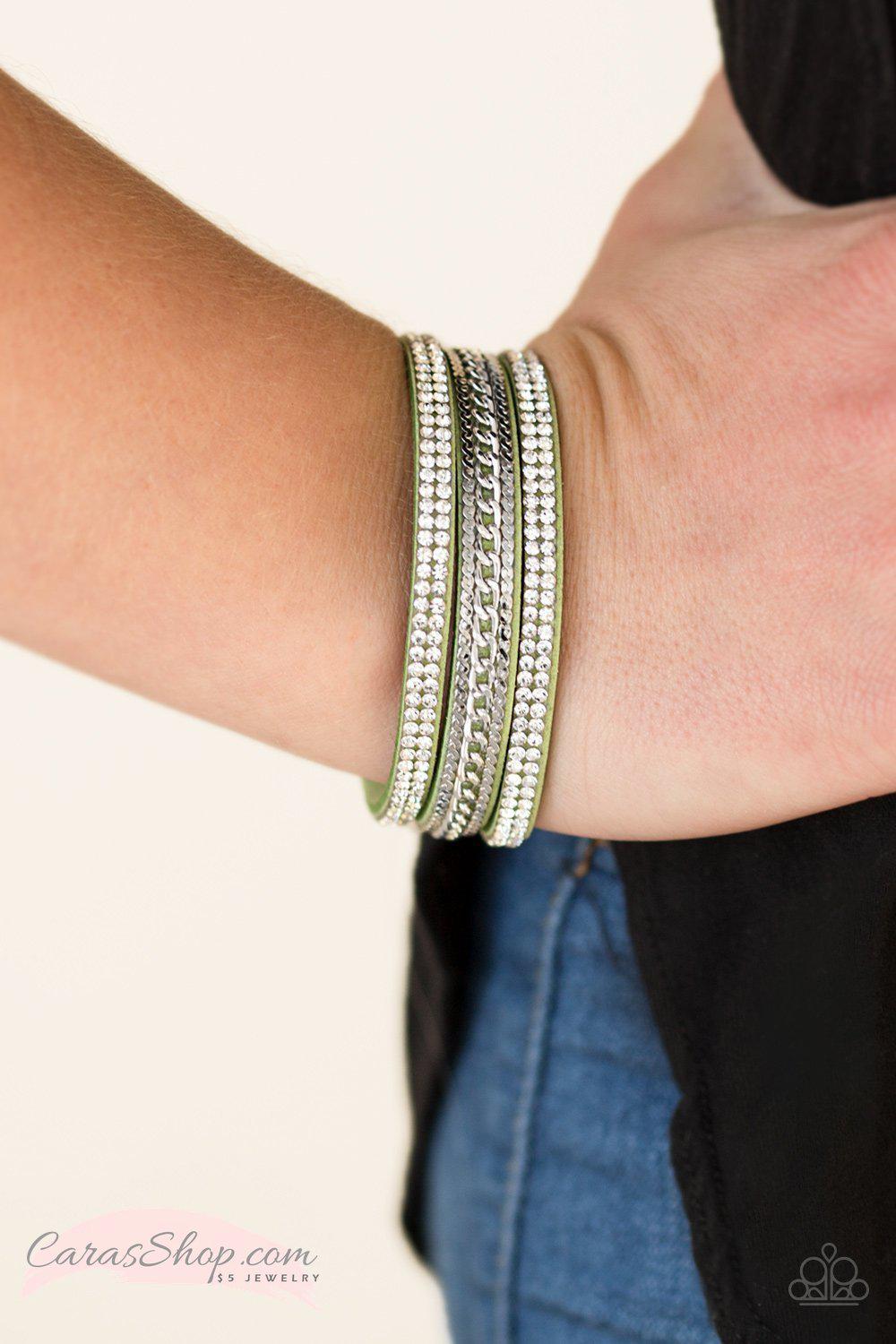 Unstoppable Green Suede Wrap Snap Bracelet - Paparazzi Accessories- on model - CarasShop.com - Paparazzi Jewelry by Cara Jewels