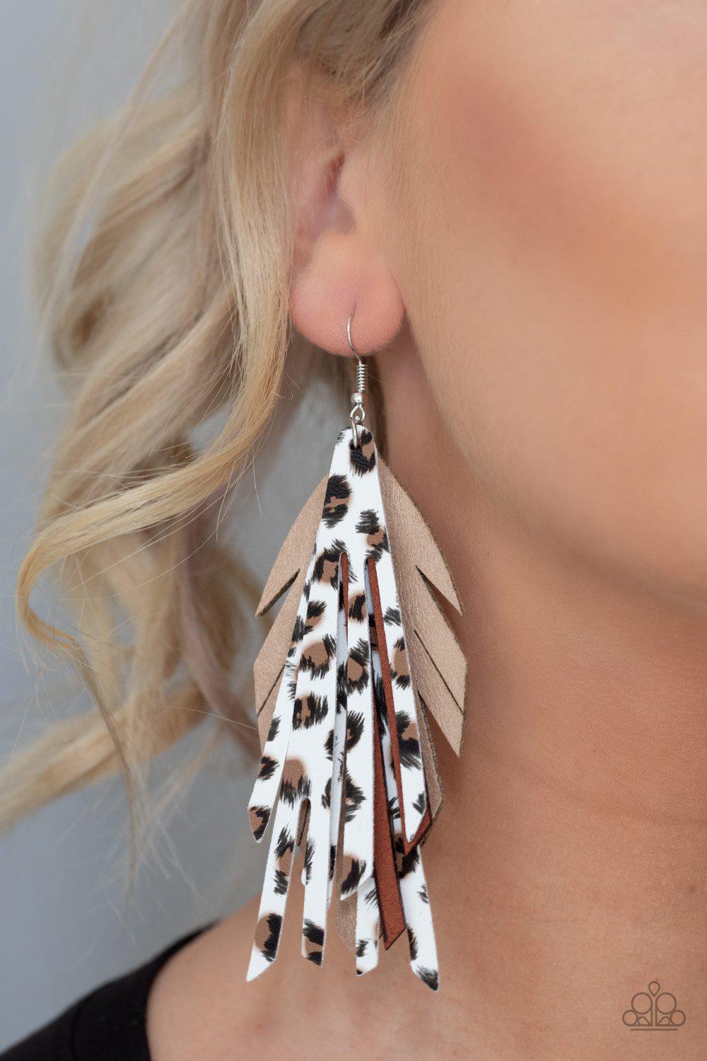 Untamable Brown Leather Animal Print Earrings - Paparazzi Accessories- lightbox - CarasShop.com - Paparazzi Jewelry by Cara Jewels