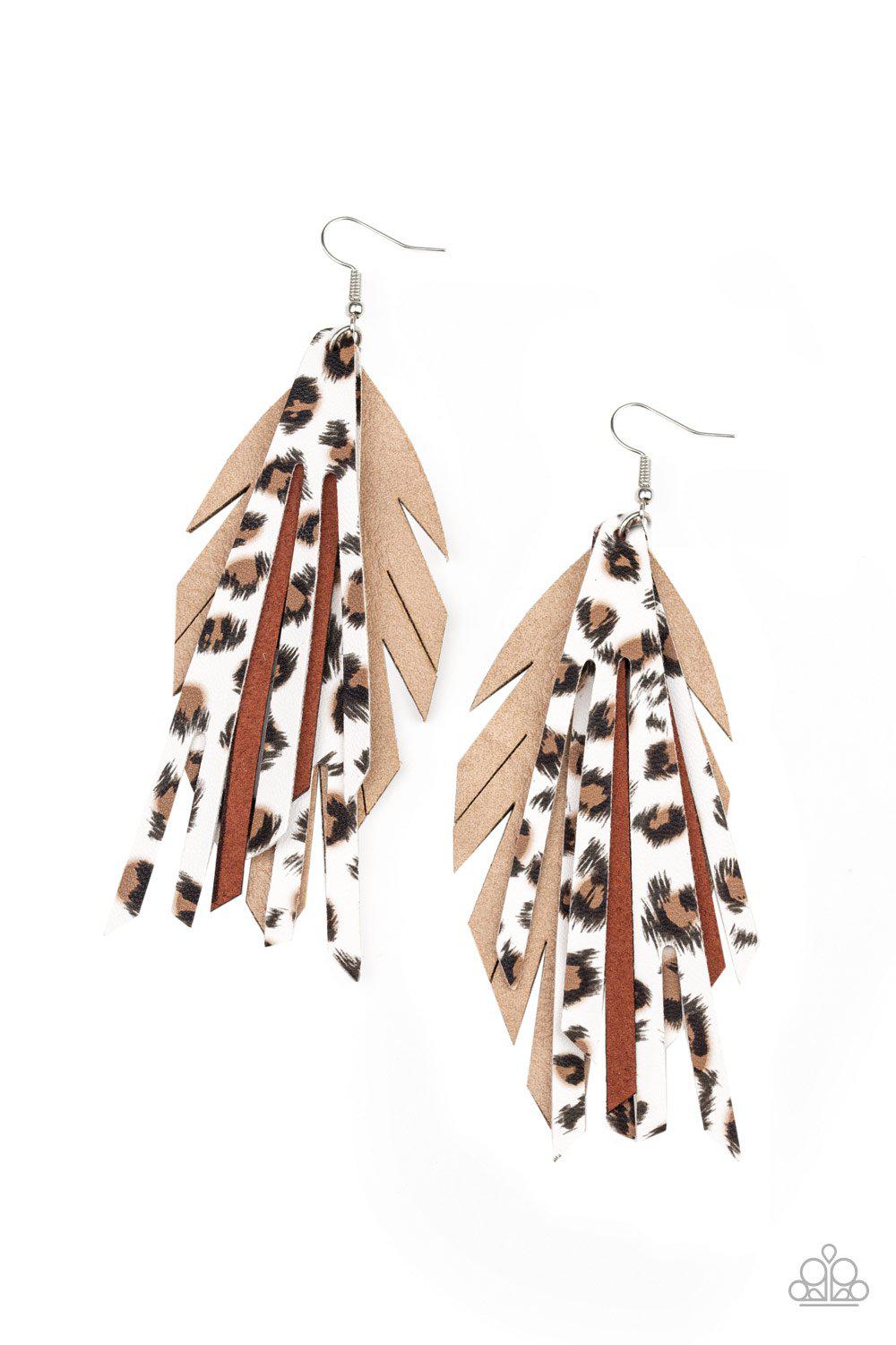 Untamable Brown Leather Animal Print Earrings - Paparazzi Accessories- on model - CarasShop.com - Paparazzi Jewelry by Cara Jewels