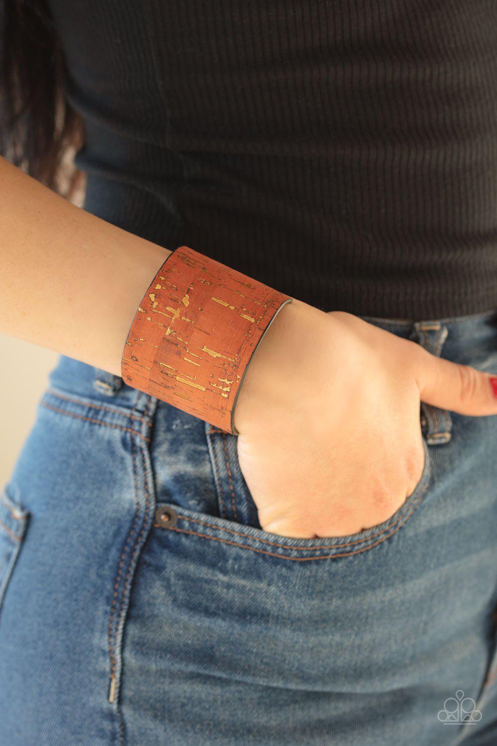 Up To Scratch Orange Cork Cuff Bracelet - Paparazzi Accessories- lightbox - CarasShop.com - Paparazzi Jewelry by Cara Jewels