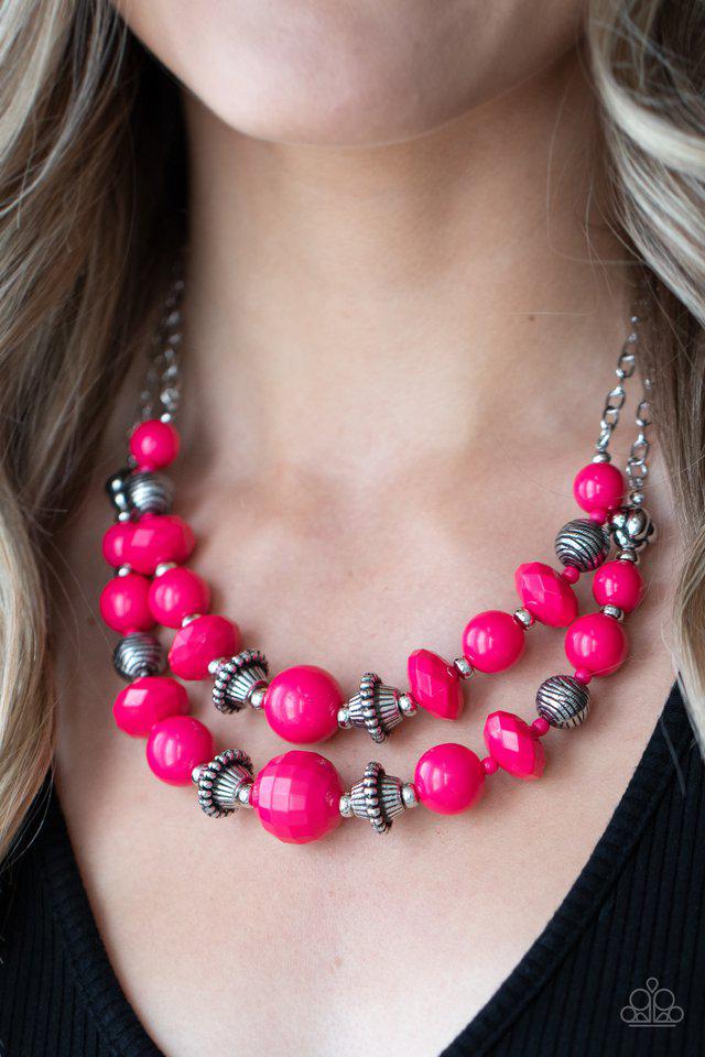 Upscale Chic Pink & Silver Necklace - Paparazzi Accessories- on model - CarasShop.com - Paparazzi Jewelry by Cara Jewels