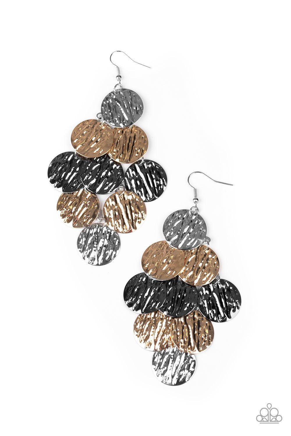 Uptown Edge Multi Gold, Gunmetal and Silver Cascading Earrings - Paparazzi Accessories- on model - CarasShop.com - Paparazzi Jewelry by Cara Jewels
