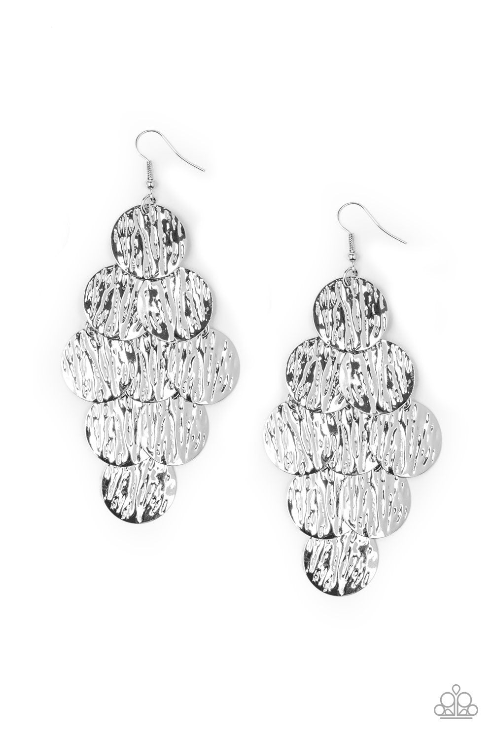 Uptown Edge Silver Cascading Disc Earrings - Paparazzi Accessories- lightbox - CarasShop.com - Paparazzi Jewelry by Cara Jewels