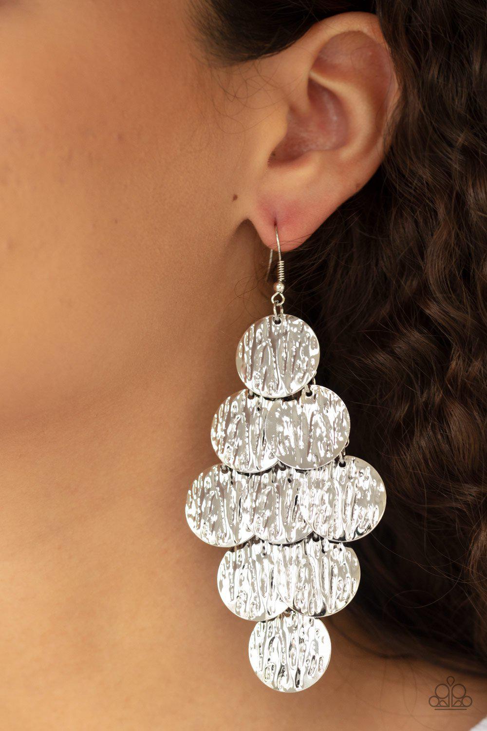Uptown Edge Silver Cascading Disc Earrings - Paparazzi Accessories- on model - CarasShop.com - Paparazzi Jewelry by Cara Jewels