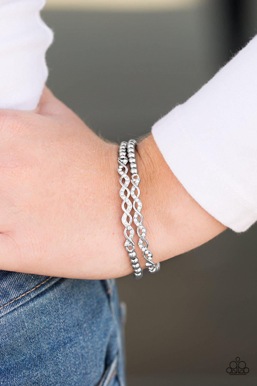 Uptown Utopia Silver and White Bracelet Set - Paparazzi Accessories- lightbox - CarasShop.com - Paparazzi Jewelry by Cara Jewels