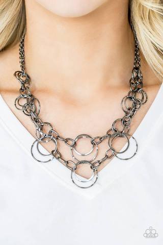 Urban Center Gunmetal Black Necklace - Paparazzi Accessories- on model - CarasShop.com - Paparazzi Jewelry by Cara Jewels