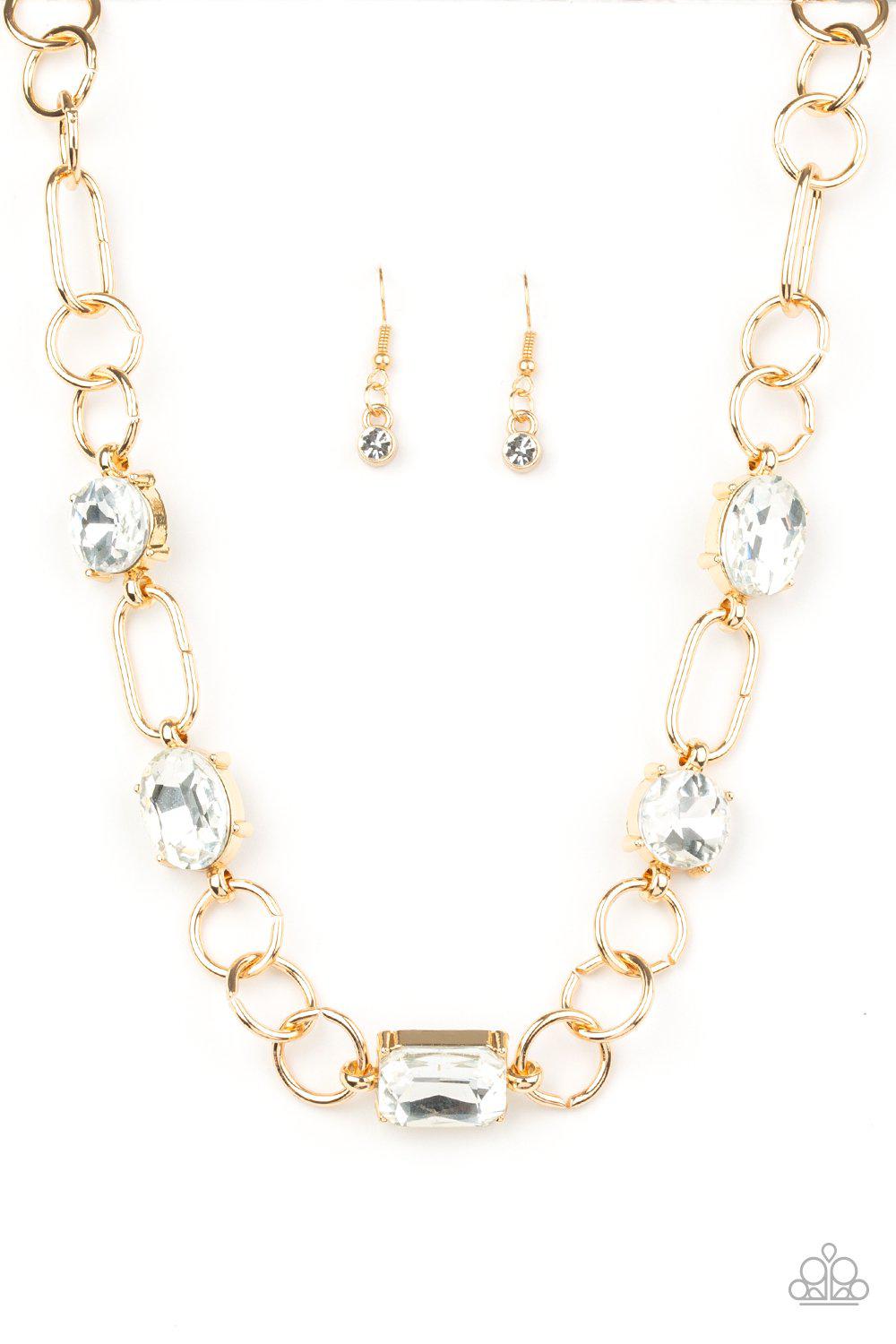 Urban District Gold and White Rhinestone Necklace - Paparazzi Accessories - free matching earrings -CarasShop.com - Paparazzi Jewelry by Cara Jewels