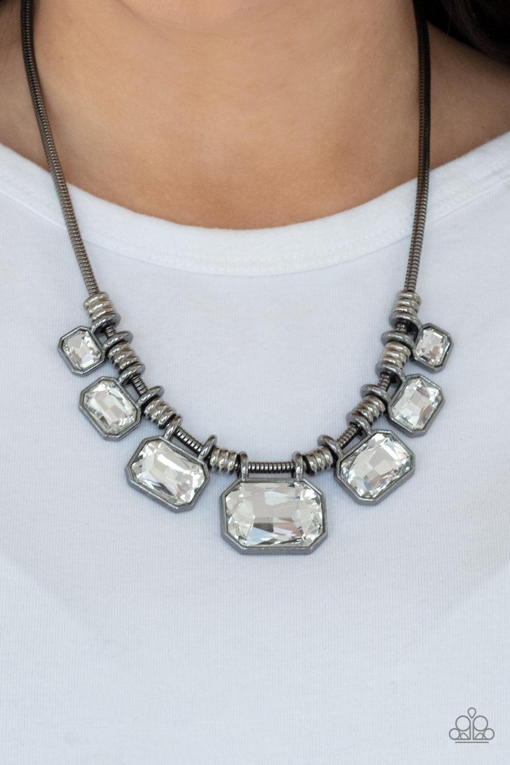 Urban Extravagance Gunmetal Black & White Gem Necklace - Paparazzi Accessories- on model - CarasShop.com - Paparazzi Jewelry by Cara Jewels