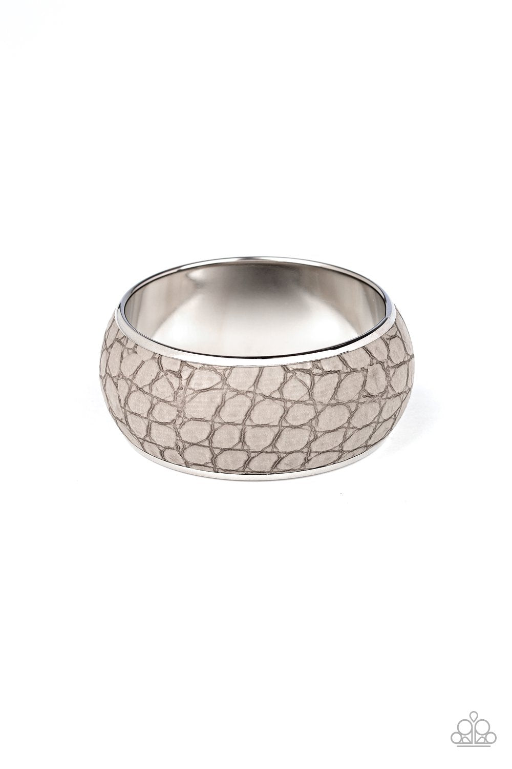 Urban Jungle Silver faux-Croc Bangle Bracelet - Paparazzi Accessories- on model - CarasShop.com - Paparazzi Jewelry by Cara Jewels