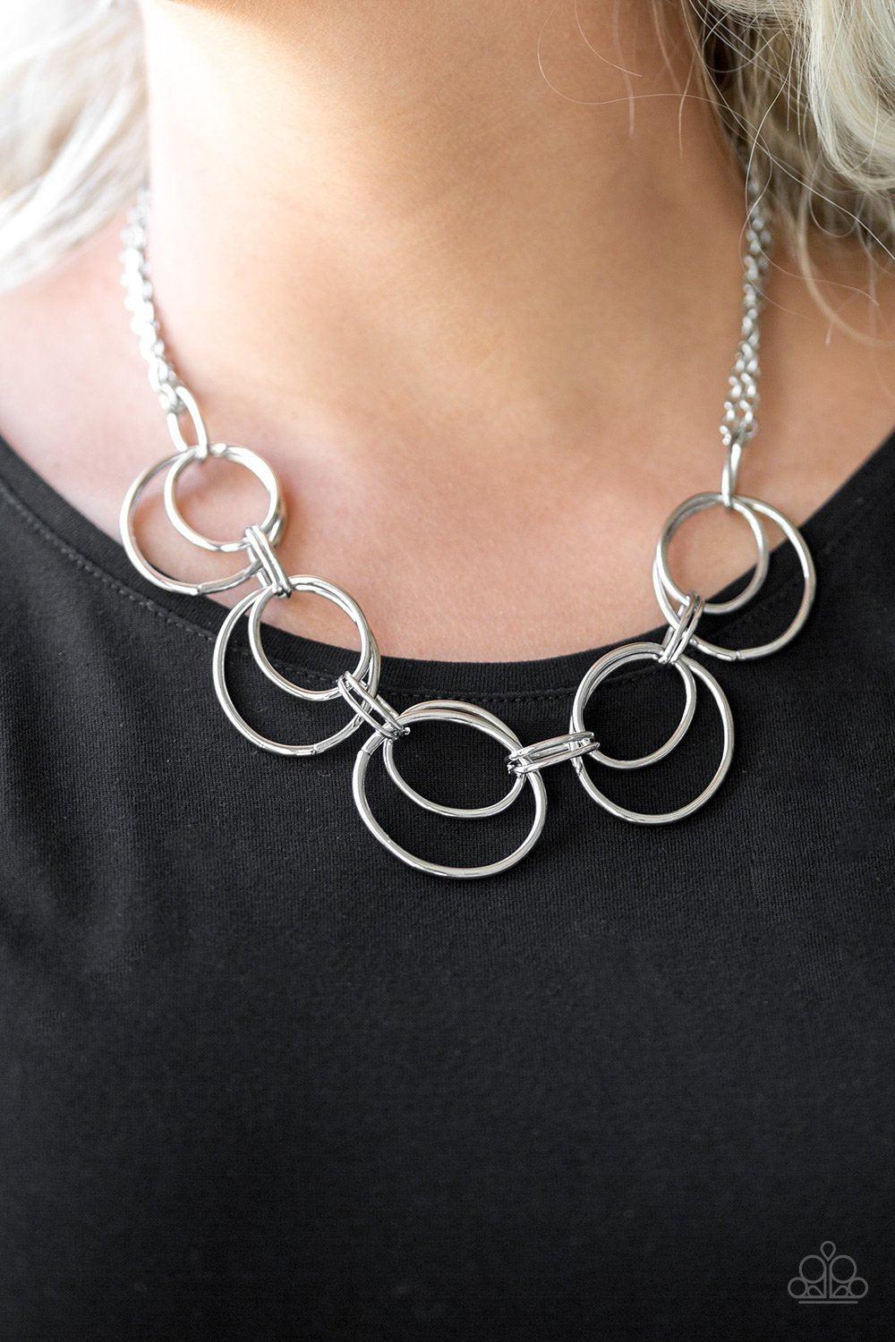 Urban Orbit Silver Necklace - Paparazzi Accessories- on model - CarasShop.com - Paparazzi Jewelry by Cara Jewels