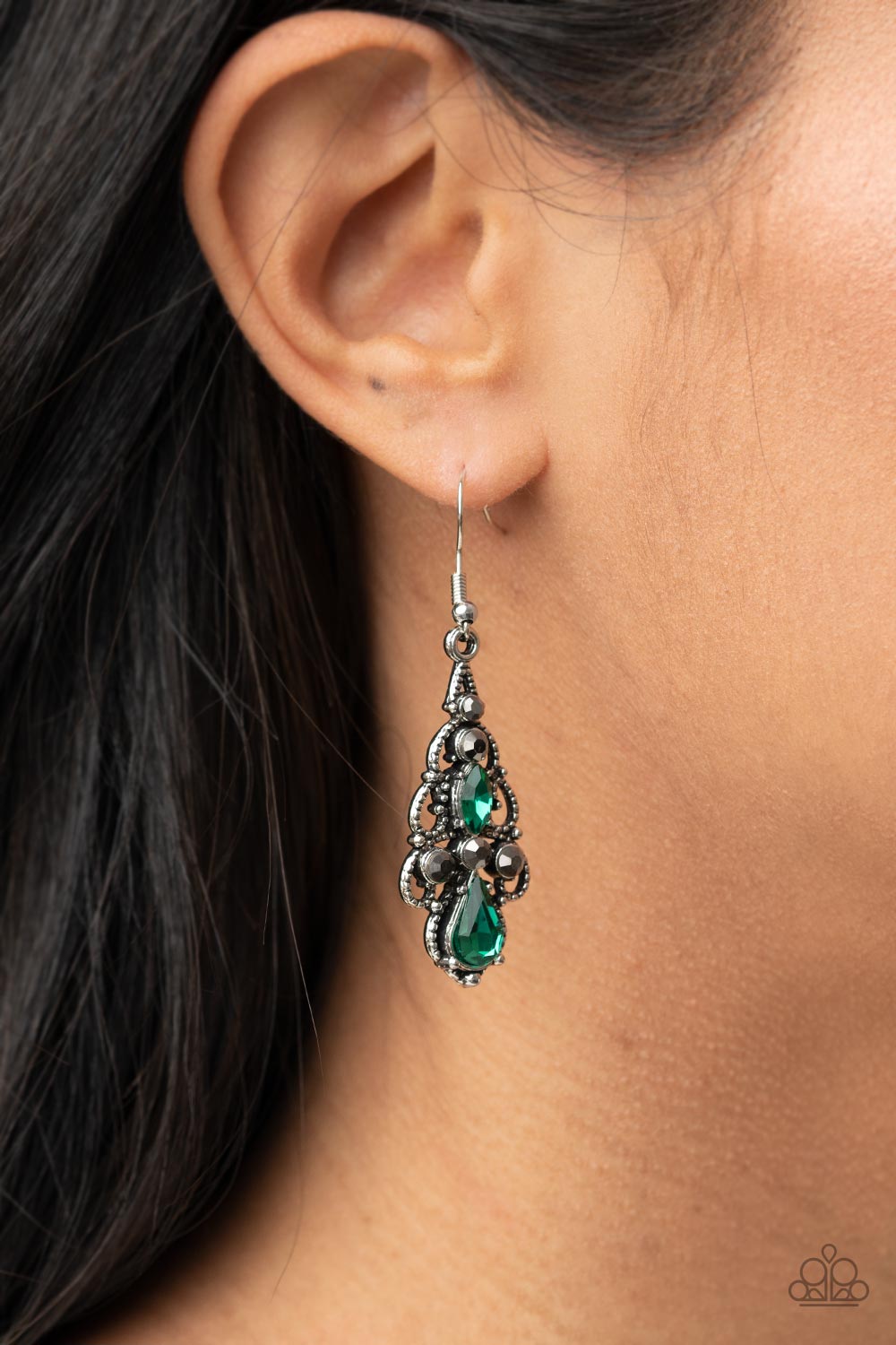 Urban Radiance Green and Hematite Rhinestone Earrings - Paparazzi Accessories- on model - CarasShop.com - Paparazzi Jewelry by Cara Jewels