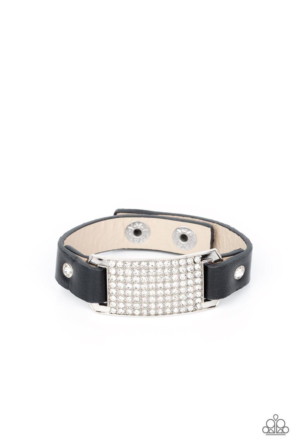 Urban Rivalry Black Leather and White Rhinestone Wrap Snap Bracelet - Paparazzi Accessories- lightbox - CarasShop.com - Paparazzi Jewelry by Cara Jewels