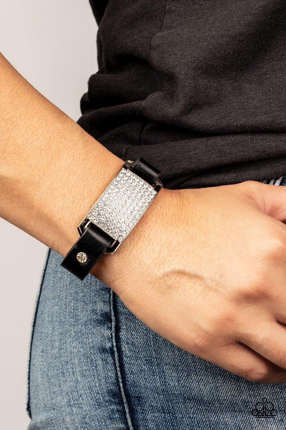 Urban Rivalry Black Leather and White Rhinestone Wrap Snap Bracelet - Paparazzi Accessories- lightbox - CarasShop.com - Paparazzi Jewelry by Cara Jewels