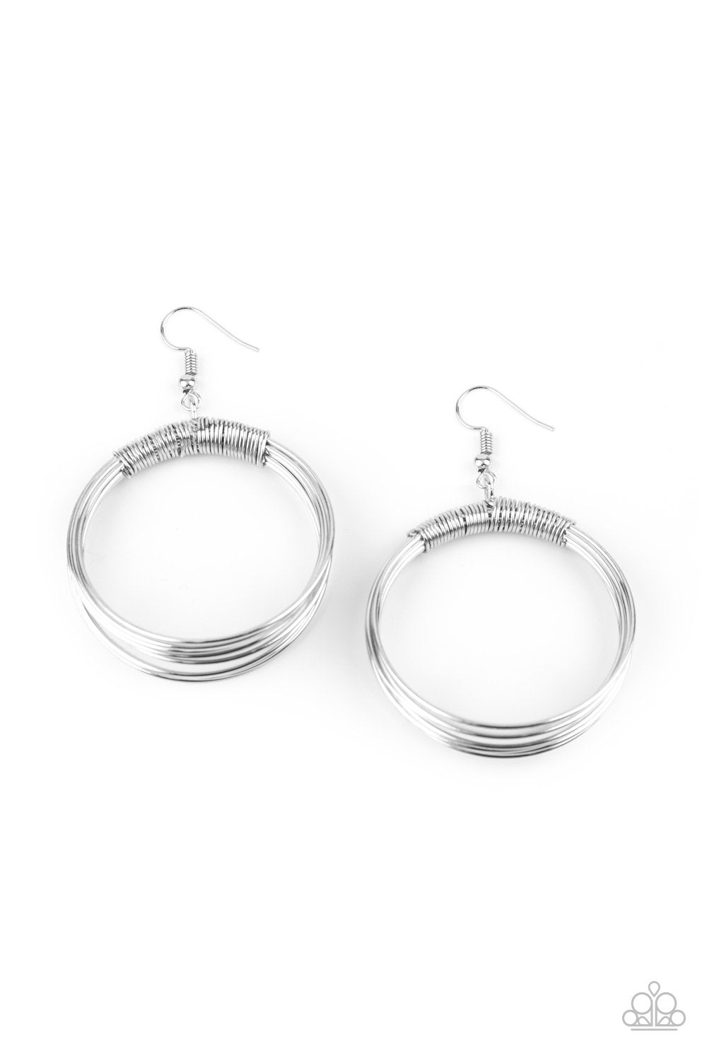 Urban-Spun Silver Earrings - Paparazzi Accessories- on model - CarasShop.com - Paparazzi Jewelry by Cara Jewels