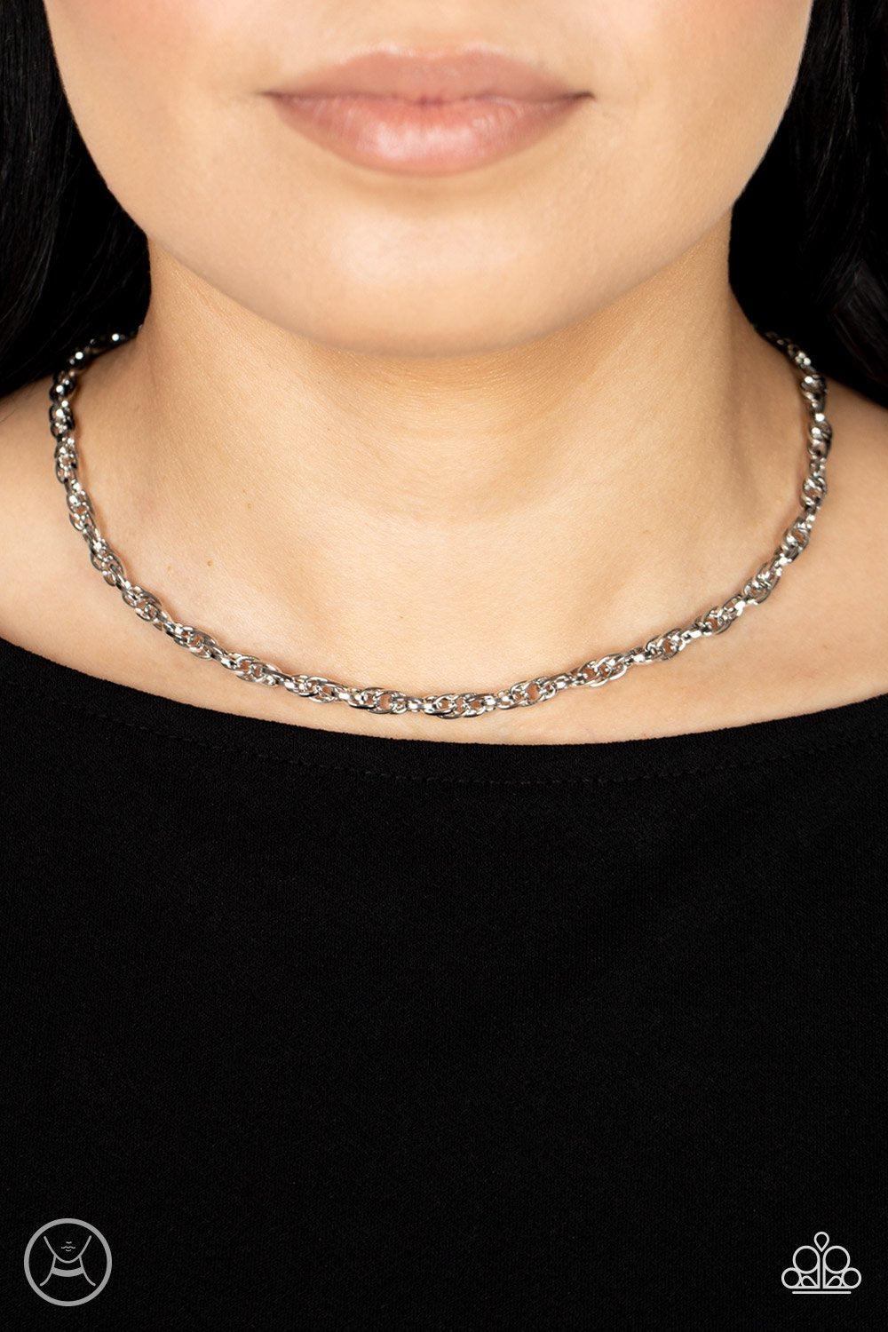 Urban Underdog Silver Choker Necklace - Paparazzi Accessories- on model - CarasShop.com - Paparazzi Jewelry by Cara Jewels