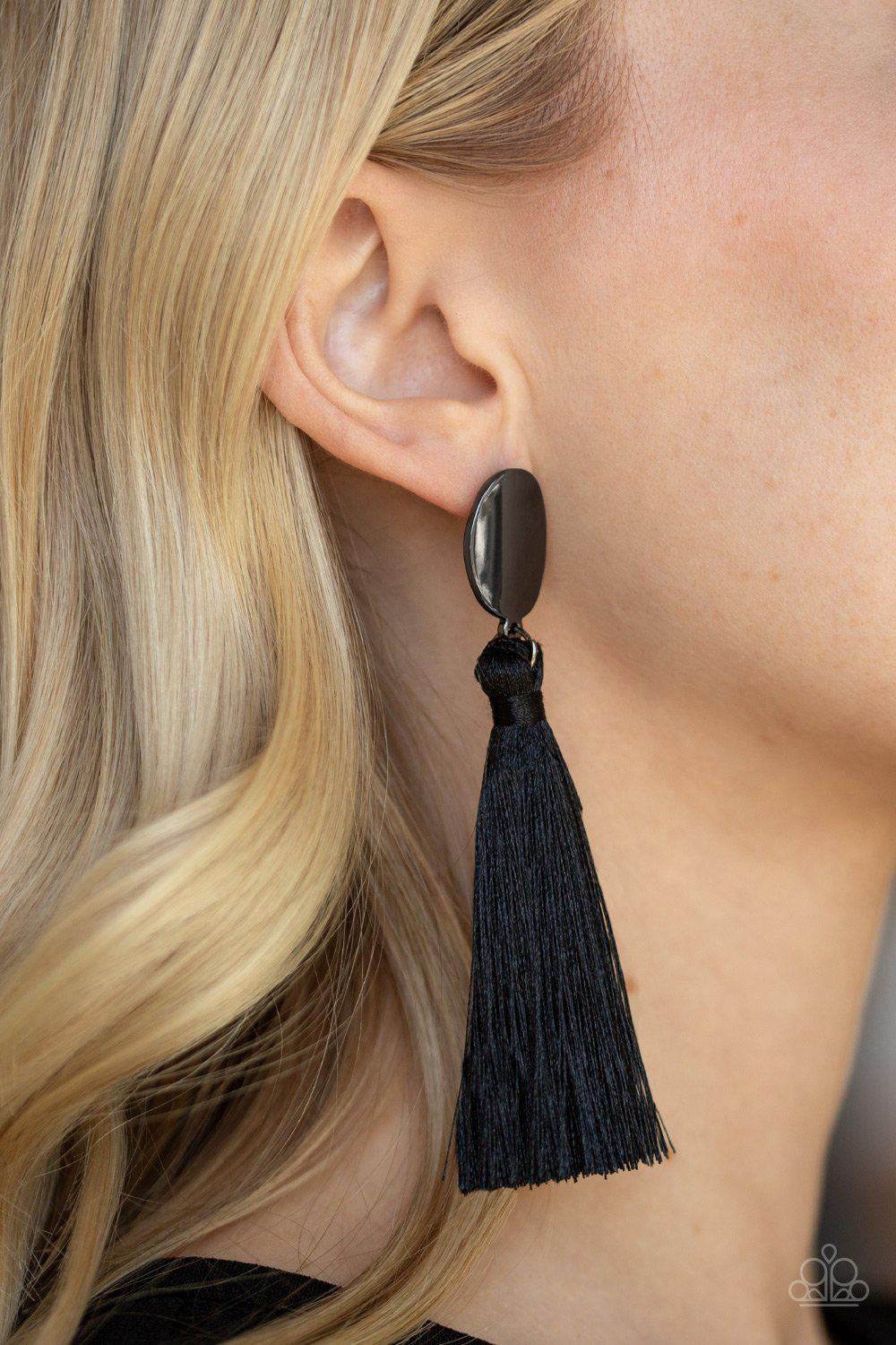 Va Va PLUME Black Tassel Earrings - Paparazzi Accessories- lightbox - CarasShop.com - Paparazzi Jewelry by Cara Jewels