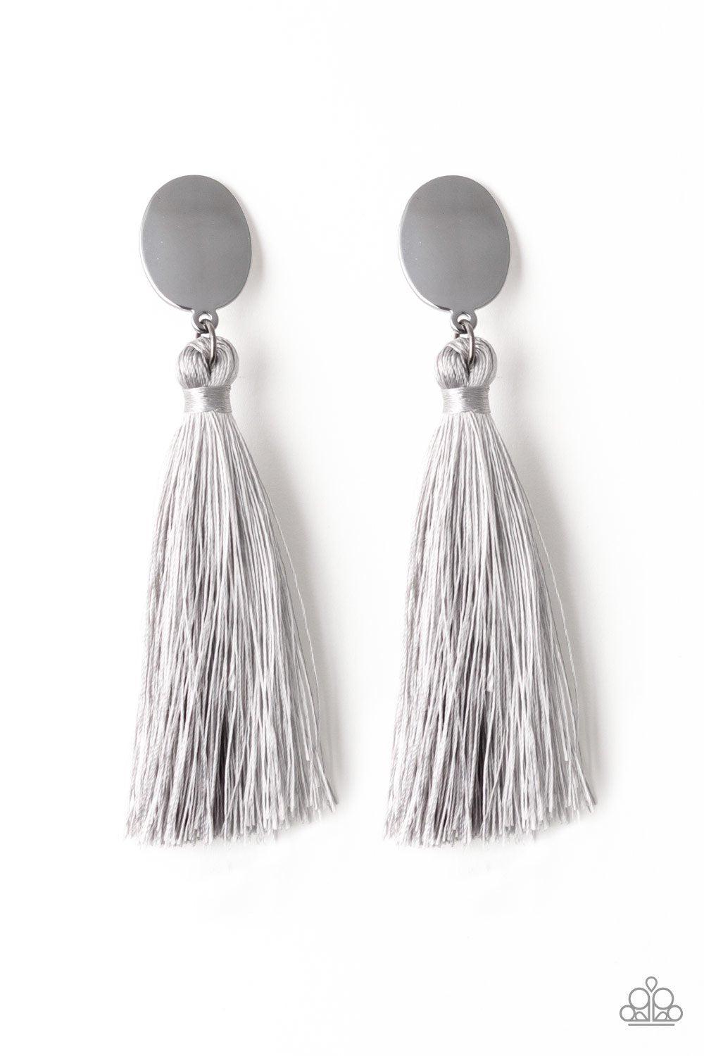 Va Va PLUME Silver Tassel Earrings - Paparazzi Accessories- on model - CarasShop.com - Paparazzi Jewelry by Cara Jewels