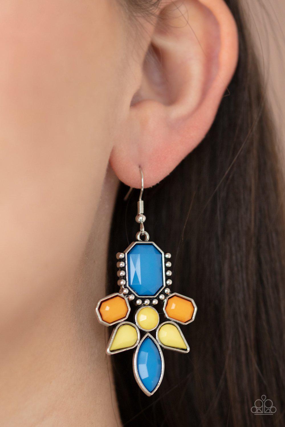 Vacay Vixen Multi Blue, Yellow and Marigold Earrings - Paparazzi Accessories- on model - CarasShop.com - Paparazzi Jewelry by Cara Jewels