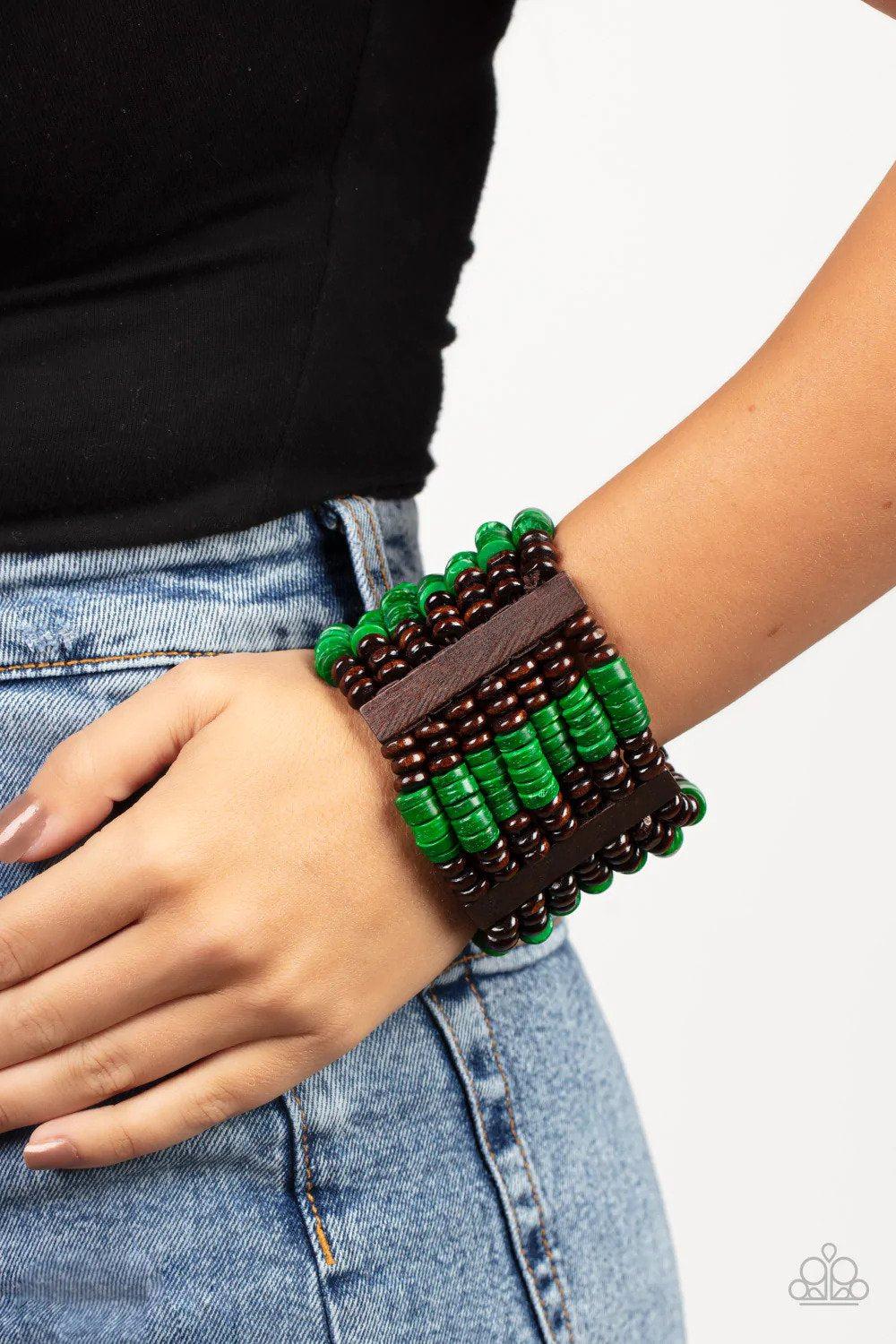 Vacay Vogue Green Wood Bracelet - Paparazzi Accessories- on model - CarasShop.com - Paparazzi Jewelry by Cara Jewels