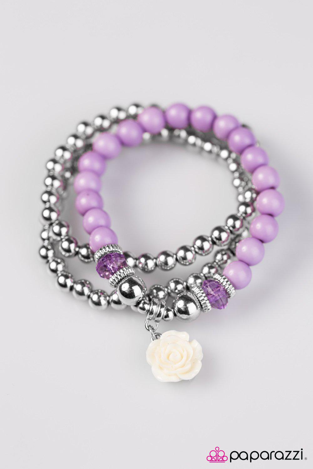 Valley Of The Flowers Purple Bracelet Set - Paparazzi Accessories- on model - CarasShop.com - Paparazzi Jewelry by Cara Jewels