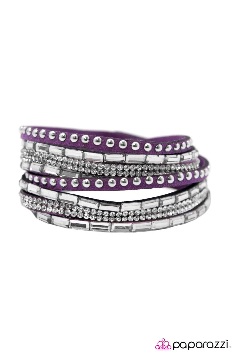 Varsity Team Purple and Silver Double-wrap Snap Bracelet - Paparazzi Accessories- on model - CarasShop.com - Paparazzi Jewelry by Cara Jewels