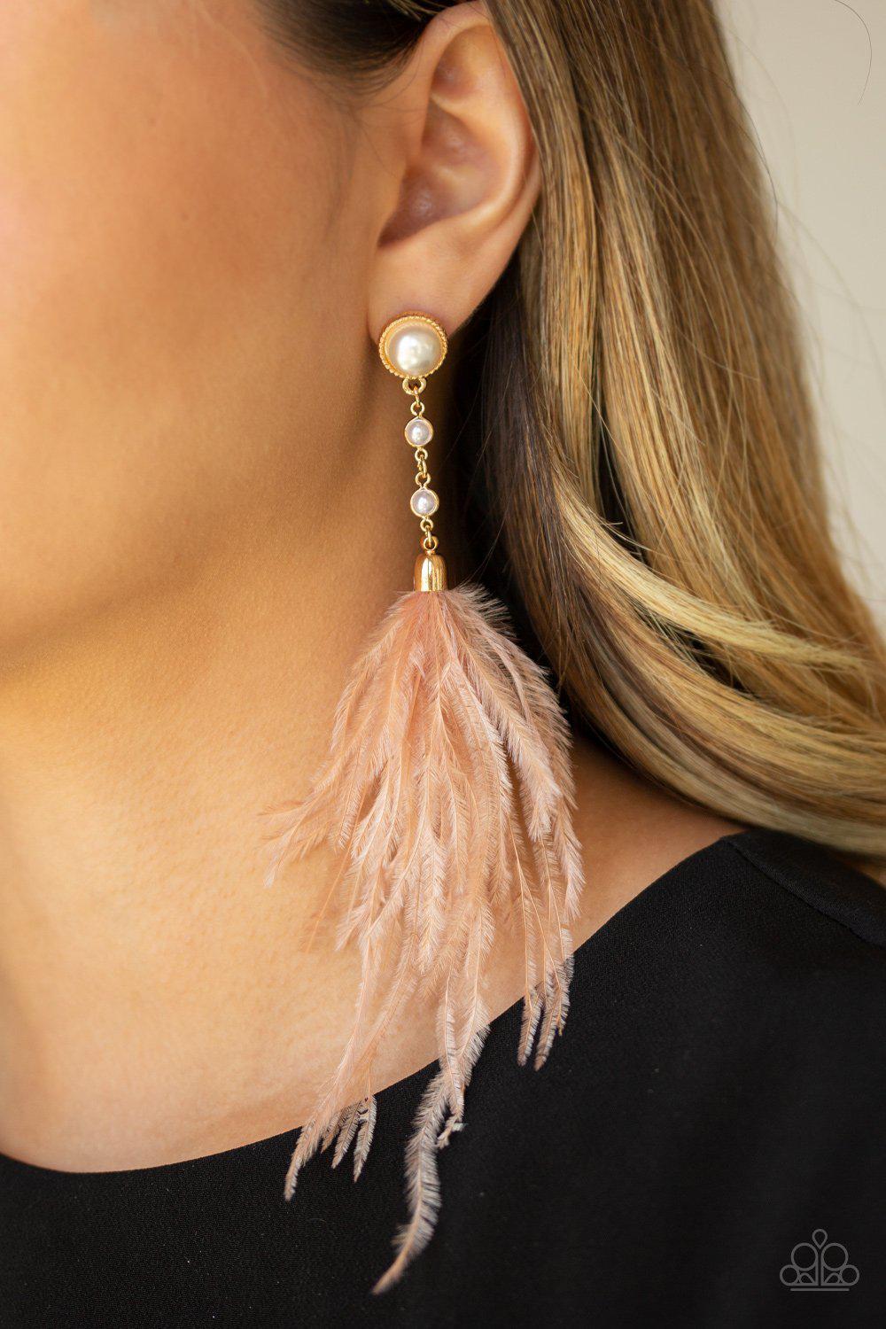 Vegas Vixen Pink and Gold Feather Earrings - Paparazzi Accessories- lightbox - CarasShop.com - Paparazzi Jewelry by Cara Jewels
