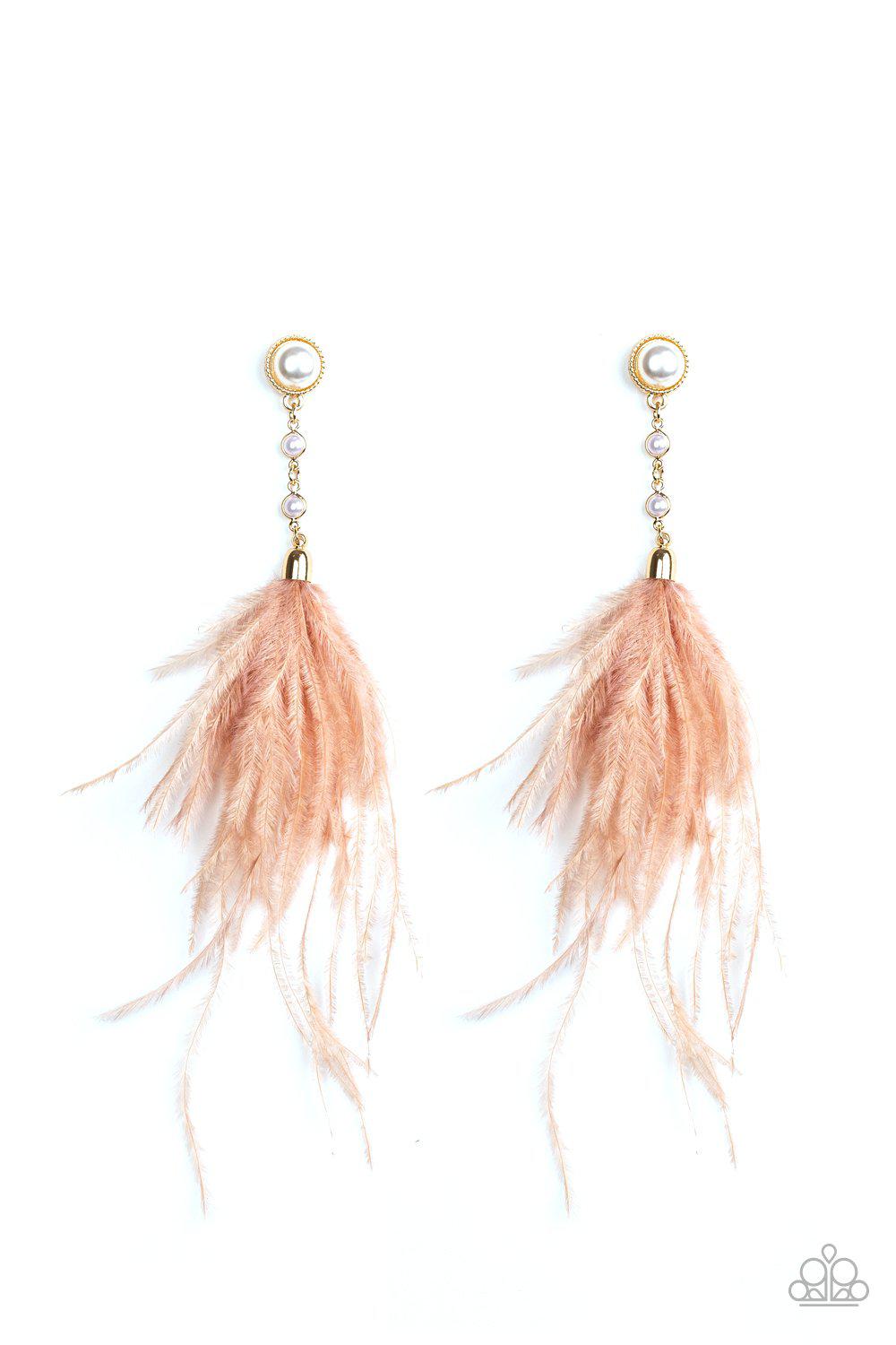 Vegas Vixen Pink and Gold Feather Earrings - Paparazzi Accessories- on model - CarasShop.com - Paparazzi Jewelry by Cara Jewels