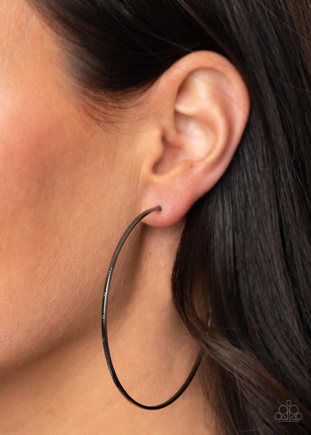 Very Curvaceous Black Gunmetal Hoop Earrings - Paparazzi Accessories- lightbox - CarasShop.com - Paparazzi Jewelry by Cara Jewels