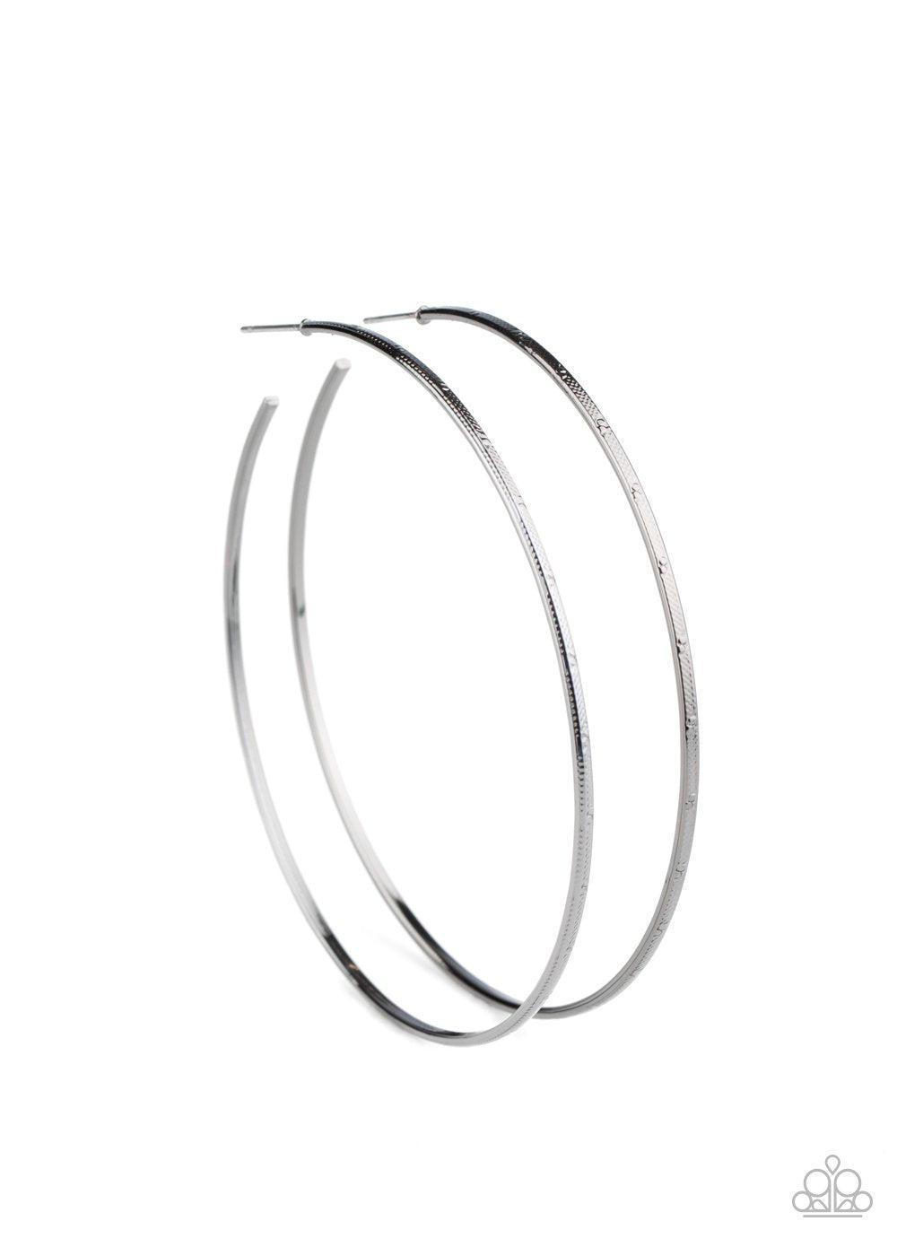 Very Curvaceous Black Gunmetal Hoop Earrings - Paparazzi Accessories- on model - CarasShop.com - Paparazzi Jewelry by Cara Jewels