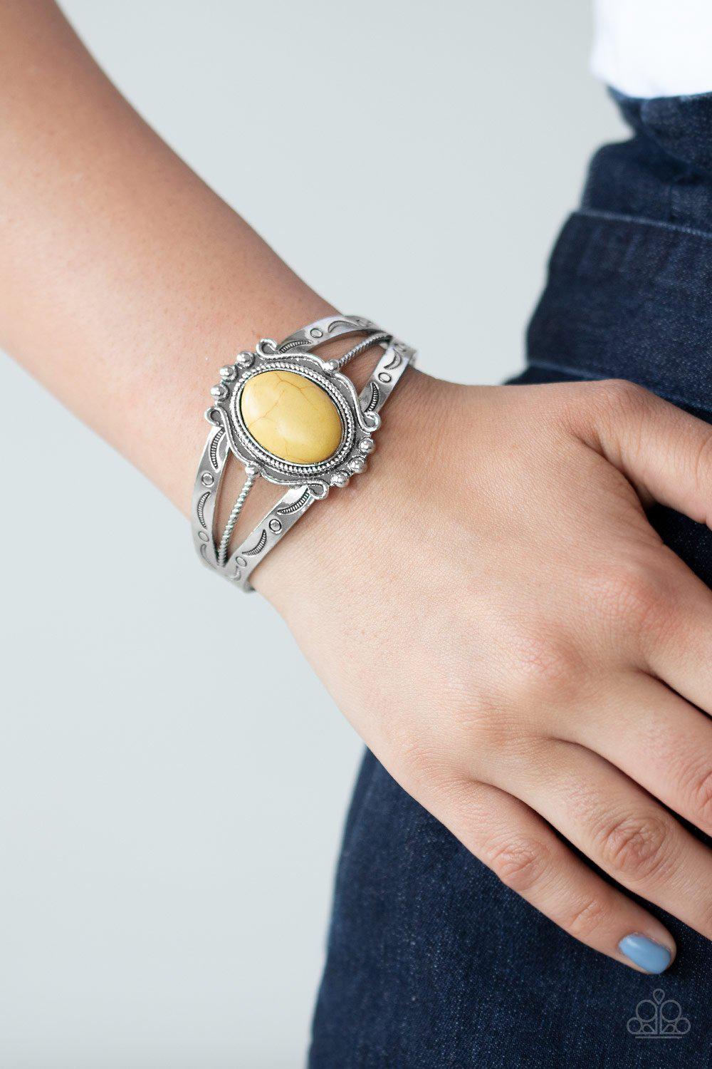Very TERRA-torial Yellow Stone Cuff Bracelet - Paparazzi Accessories- lightbox - CarasShop.com - Paparazzi Jewelry by Cara Jewels