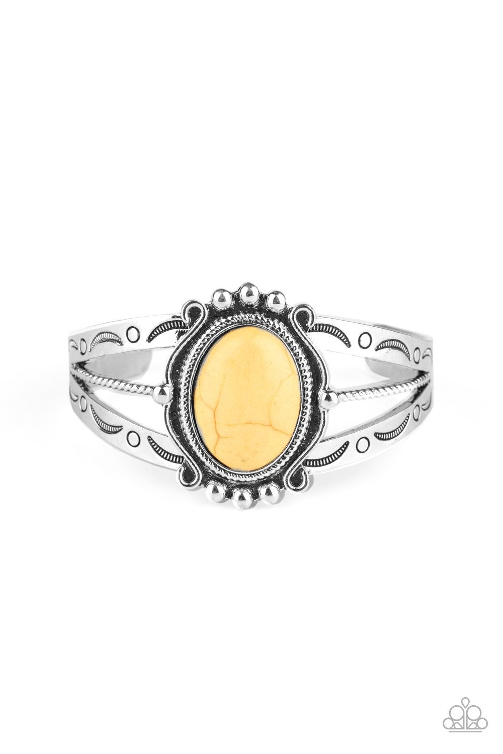 Very TERRA-torial Yellow Stone Cuff Bracelet - Paparazzi Accessories- on model - CarasShop.com - Paparazzi Jewelry by Cara Jewels