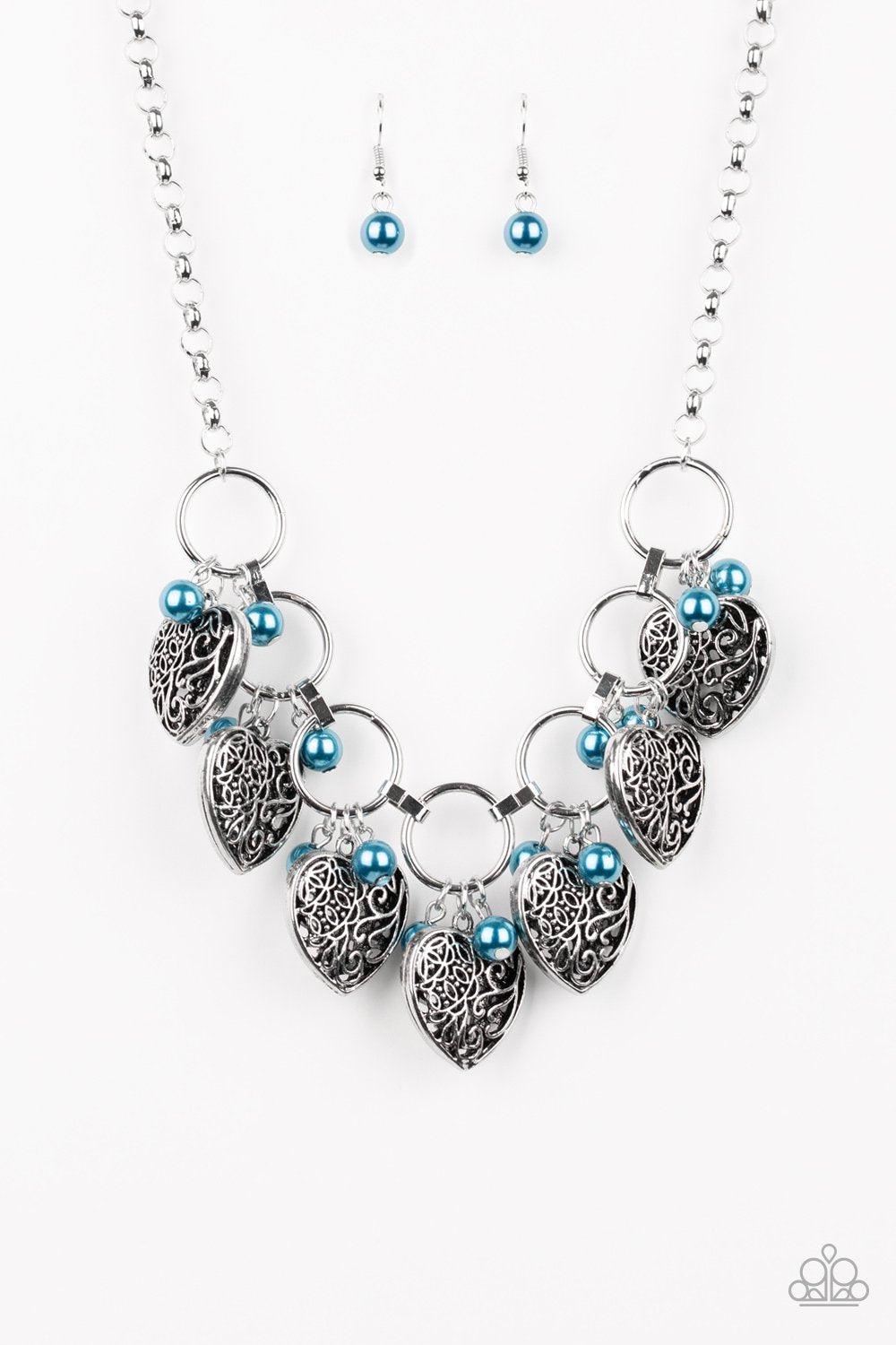 Very Valentine Blue and Silver Heart Necklace - Paparazzi Accessories- lightbox - CarasShop.com - Paparazzi Jewelry by Cara Jewels