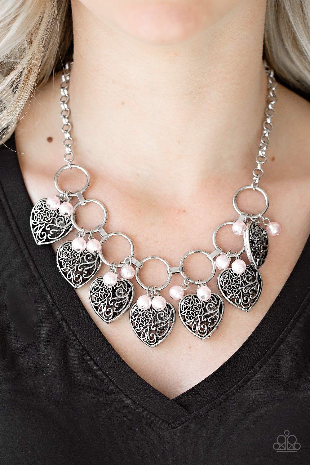 Very Valentine Pink and Silver Heart Necklace - Paparazzi Accessories- lightbox - CarasShop.com - Paparazzi Jewelry by Cara Jewels