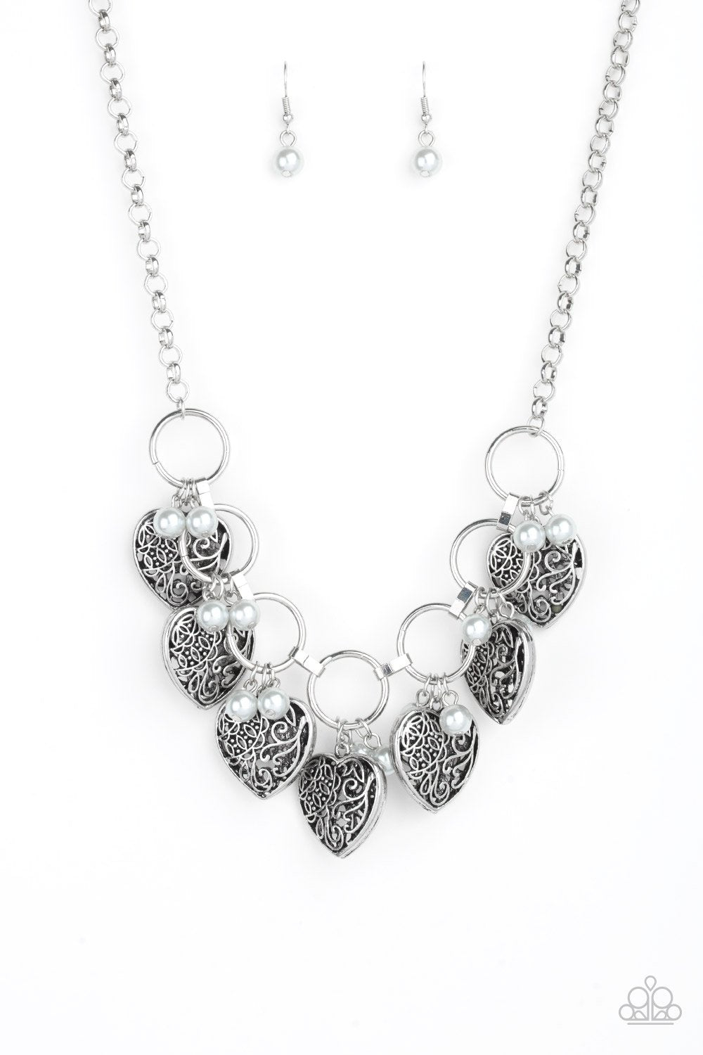 Very Valentine Silver Heart Necklace - Paparazzi Accessories - free matching earrings -CarasShop.com - Paparazzi Jewelry by Cara Jewels