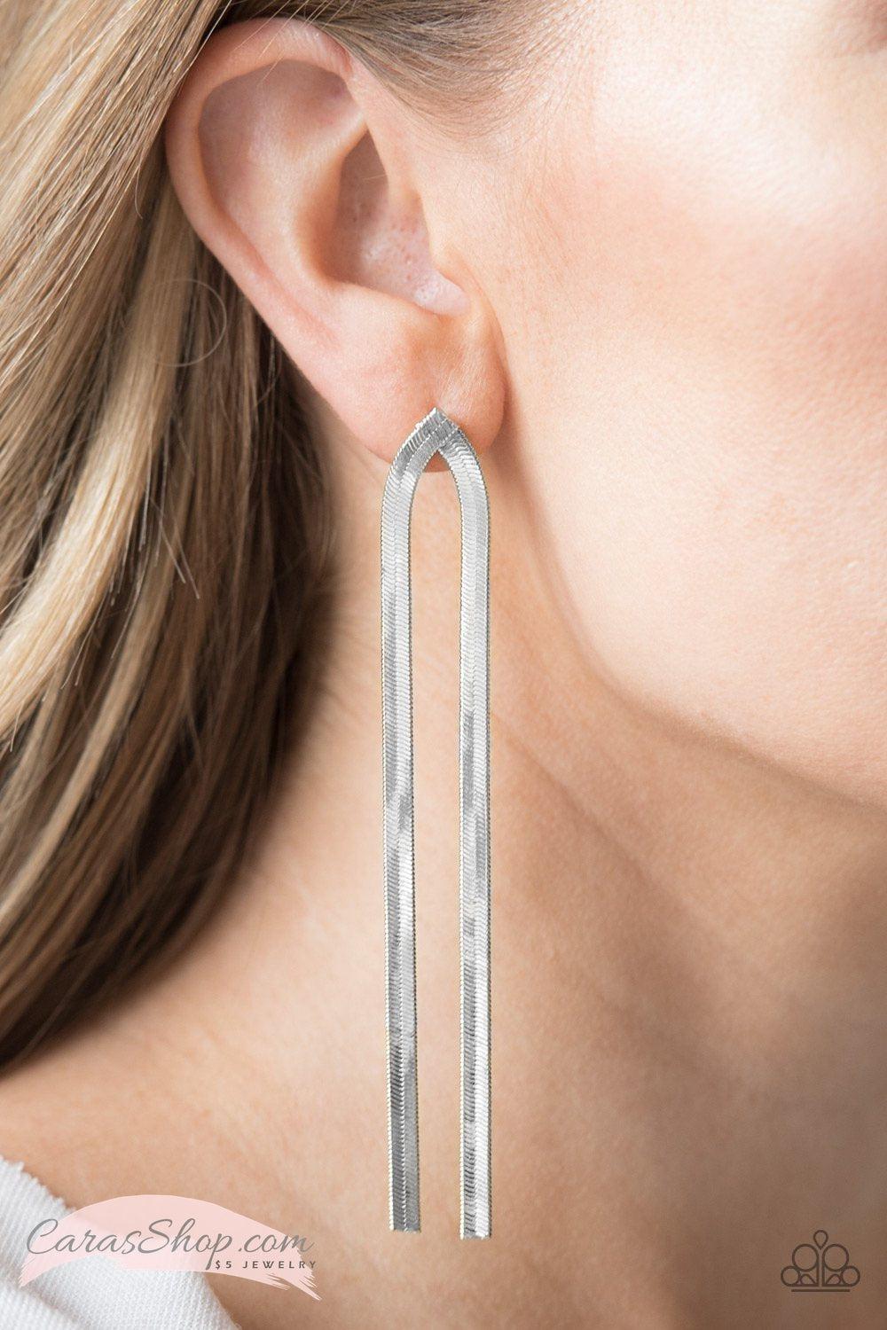 Very Viper - Silver Chain Earrings - Paparazzi Accessories- on model - CarasShop.com - Paparazzi Jewelry by Cara Jewels