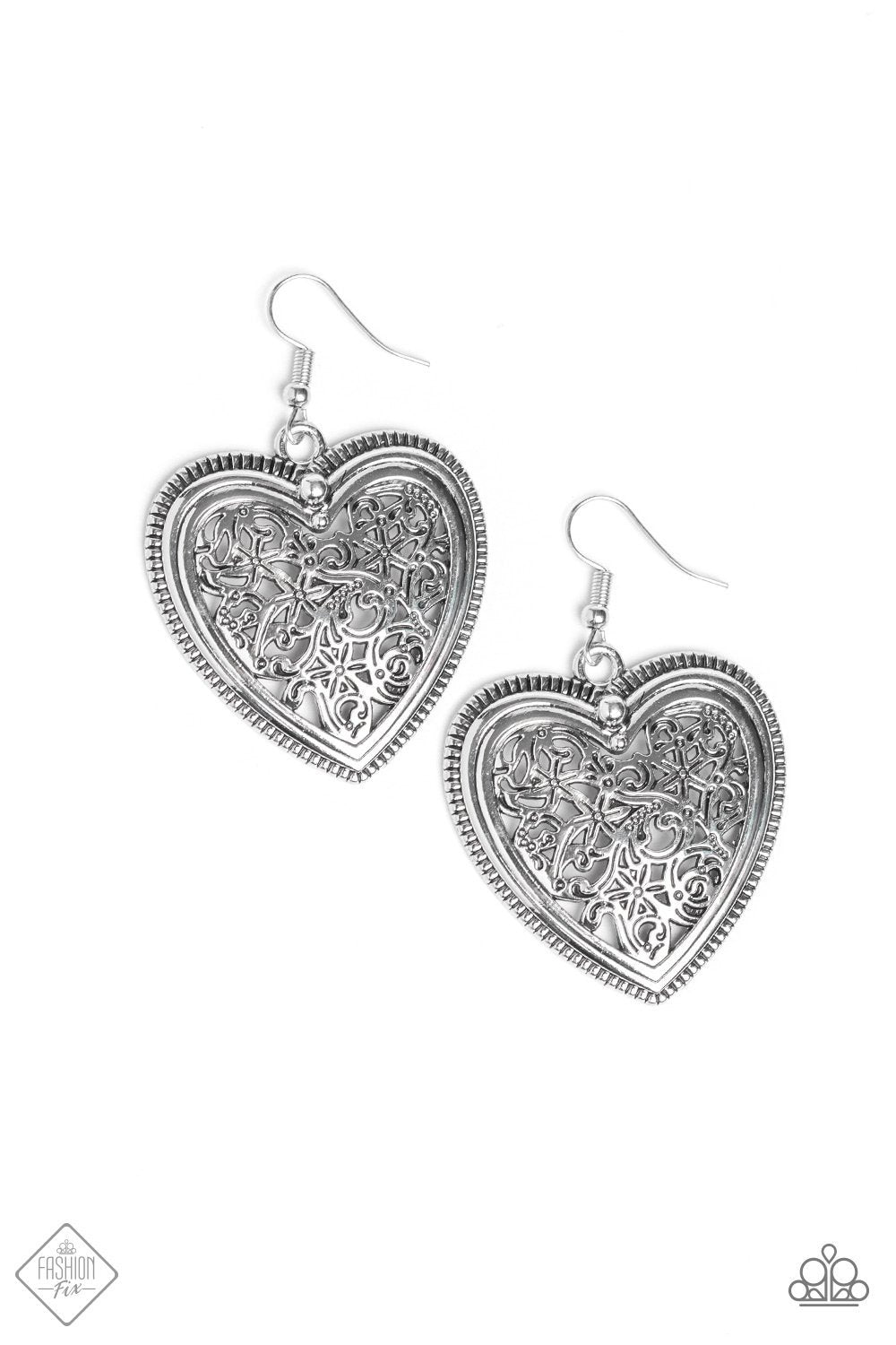Victorian Devotion Silver Earrings - Paparazzi Accessories- on model - CarasShop.com - Paparazzi Jewelry by Cara Jewels