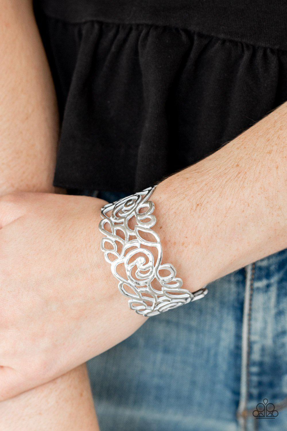Victorian Gardens White Filigree Cuff Bracelet - Paparazzi Accessories- lightbox - CarasShop.com - Paparazzi Jewelry by Cara Jewels