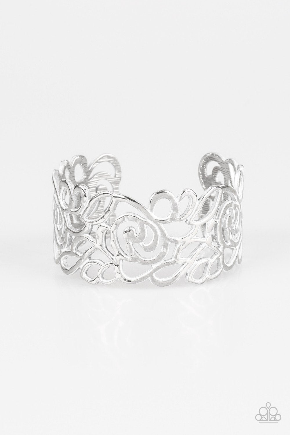 Victorian Gardens White Filigree Cuff Bracelet - Paparazzi Accessories- on model - CarasShop.com - Paparazzi Jewelry by Cara Jewels