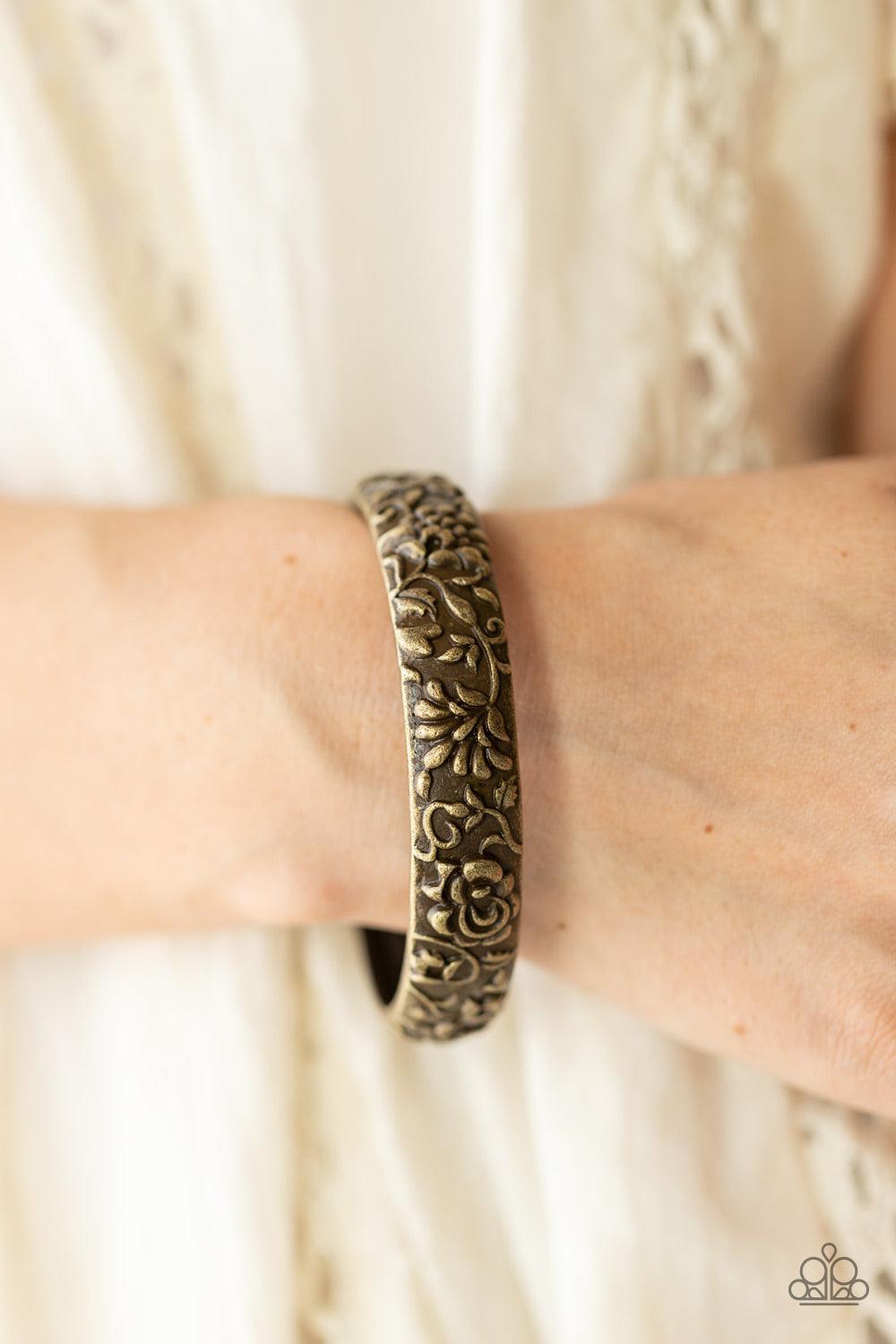 Victorian Meadow Brass Bangle Bracelet - Paparazzi Accessories- on model - CarasShop.com - Paparazzi Jewelry by Cara Jewels