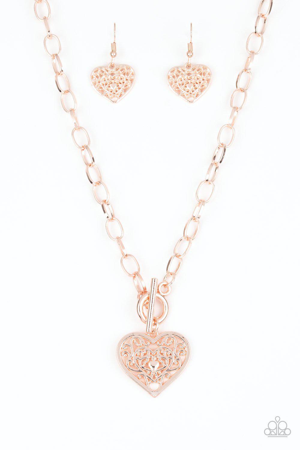 Victorian Romance Rose Gold Necklace - Paparazzi Accessories - free matching earrings -CarasShop.com - Paparazzi Jewelry by Cara Jewels