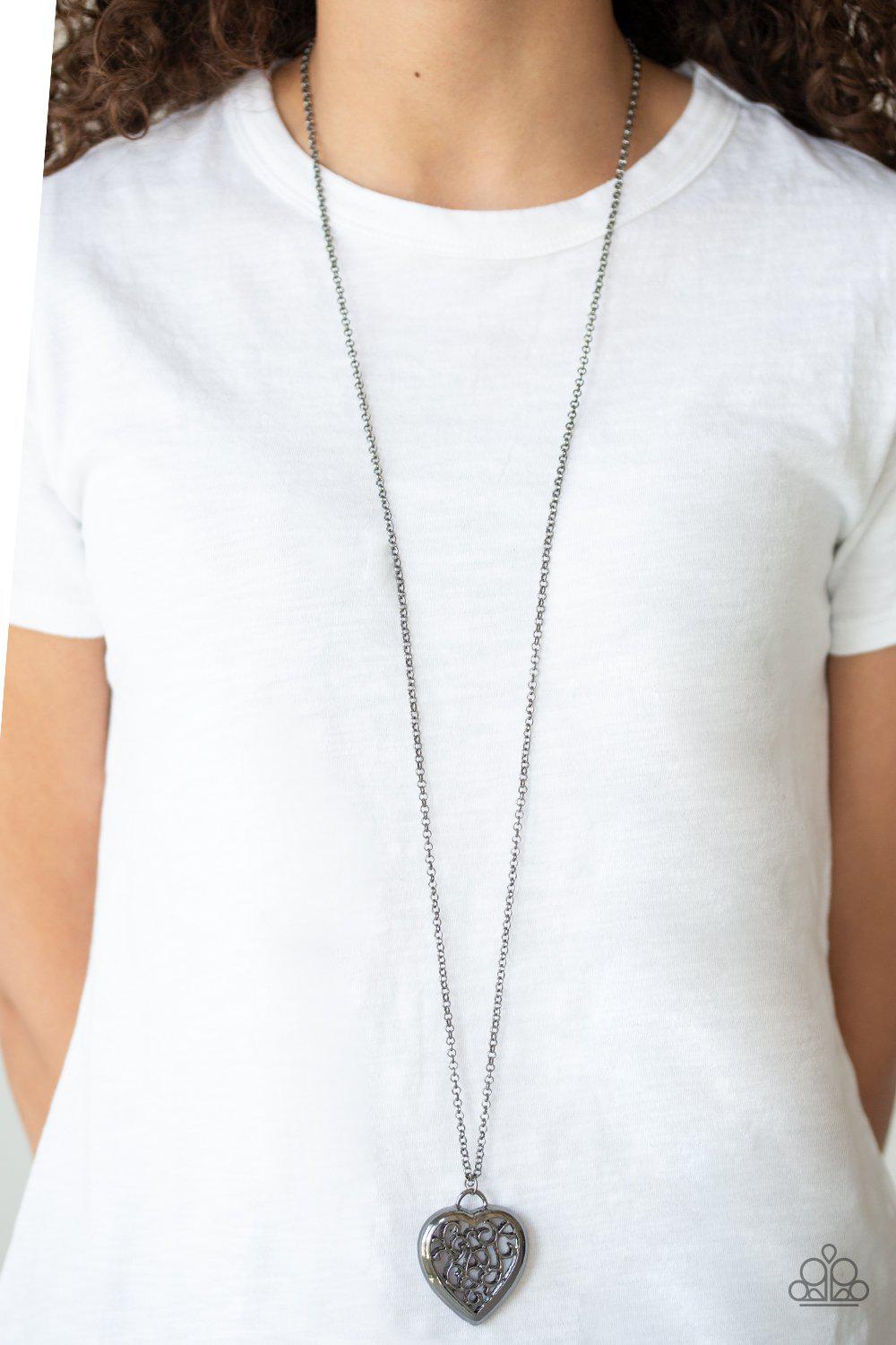 Victorian Valentine Gunmetal Black Filigree Heart Necklace - Paparazzi Accessories- lightbox - CarasShop.com - Paparazzi Jewelry by Cara Jewels