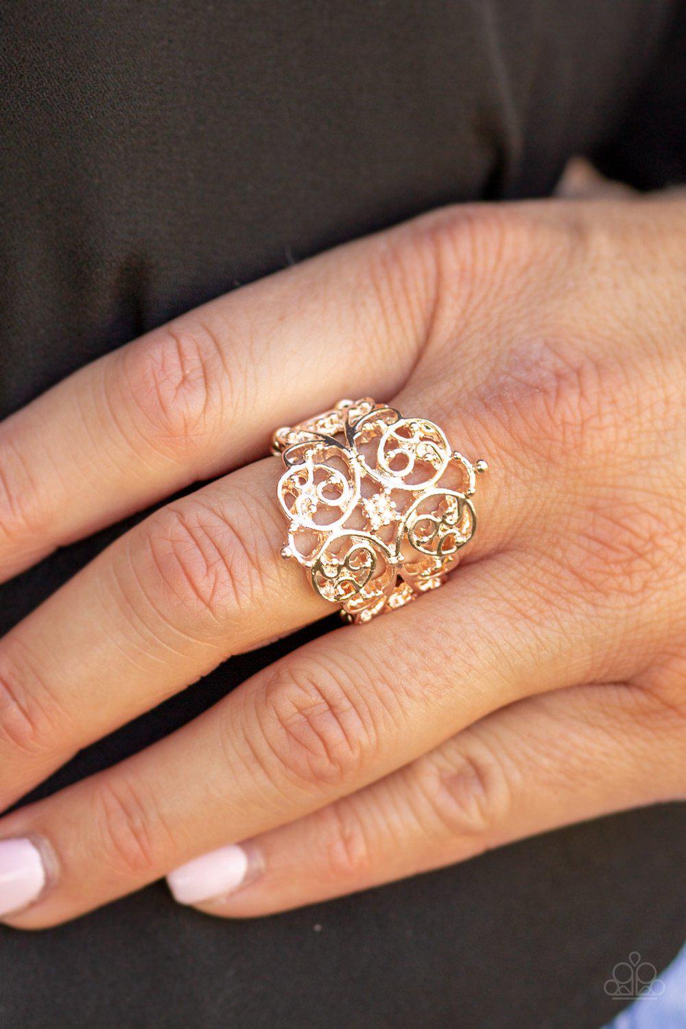Victorian Valor Rose Gold Filigree Ring - Paparazzi Accessories- lightbox - CarasShop.com - Paparazzi Jewelry by Cara Jewels