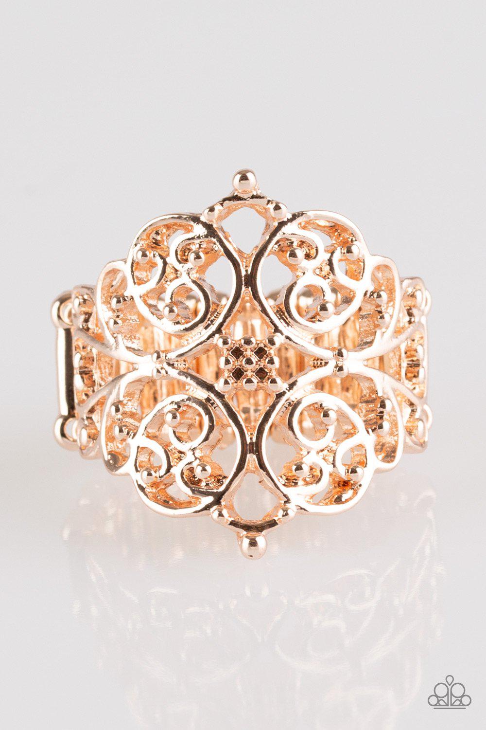 Victorian Valor Rose Gold Filigree Ring - Paparazzi Accessories- on model - CarasShop.com - Paparazzi Jewelry by Cara Jewels