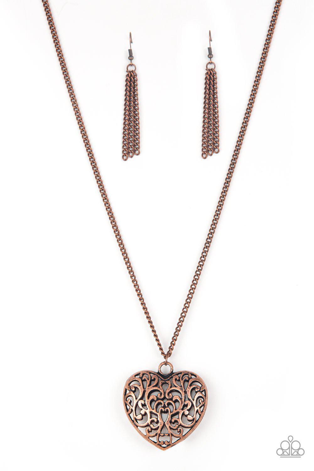 Victorian Virtue Copper Heart Necklace - Paparazzi Accessories - free matching earrings -CarasShop.com - Paparazzi Jewelry by Cara Jewels