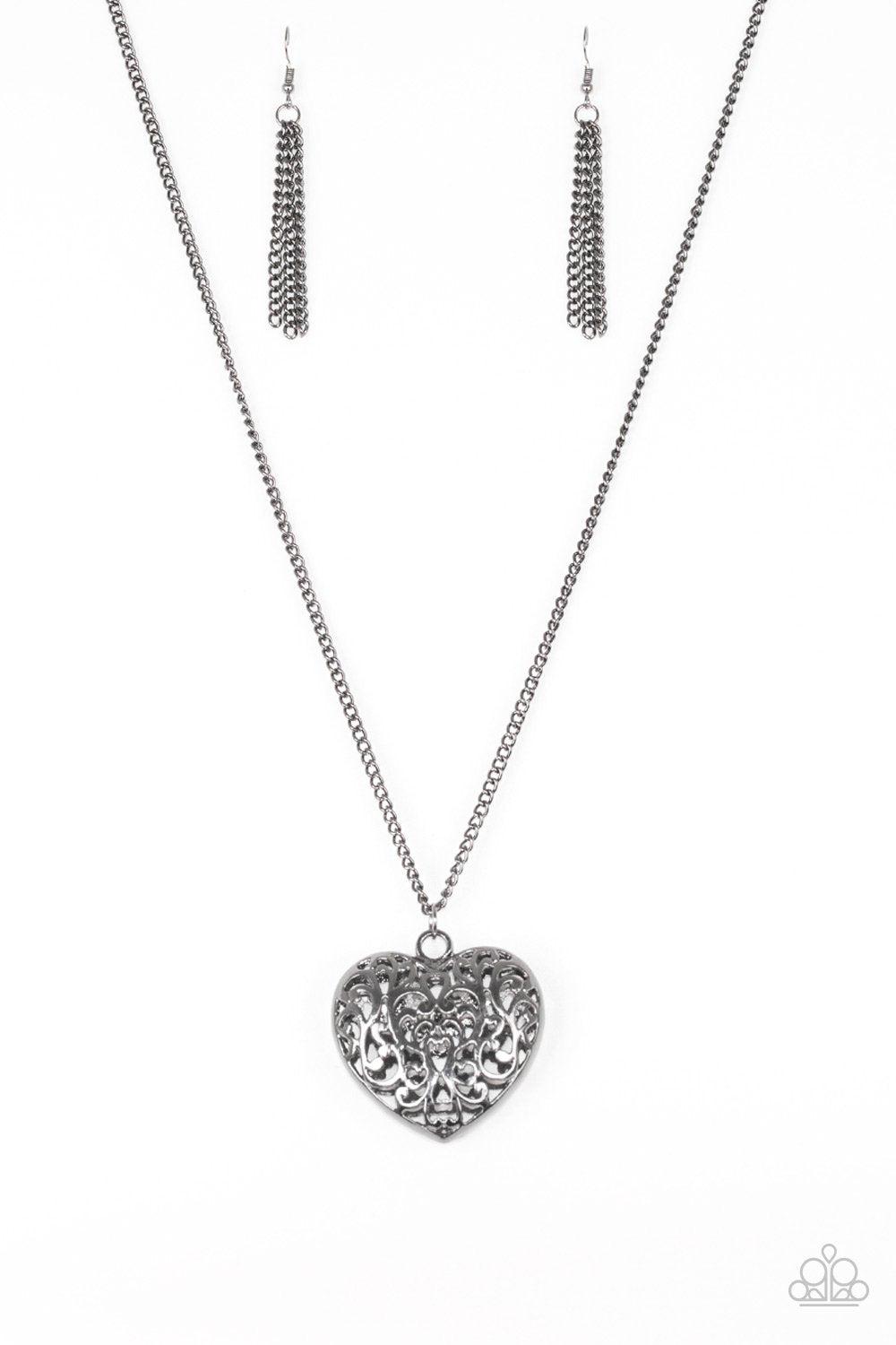 Victorian Virtue Gunmetal Black Filigree Heart Necklace - Paparazzi Accessories- on model - CarasShop.com - Paparazzi Jewelry by Cara Jewels