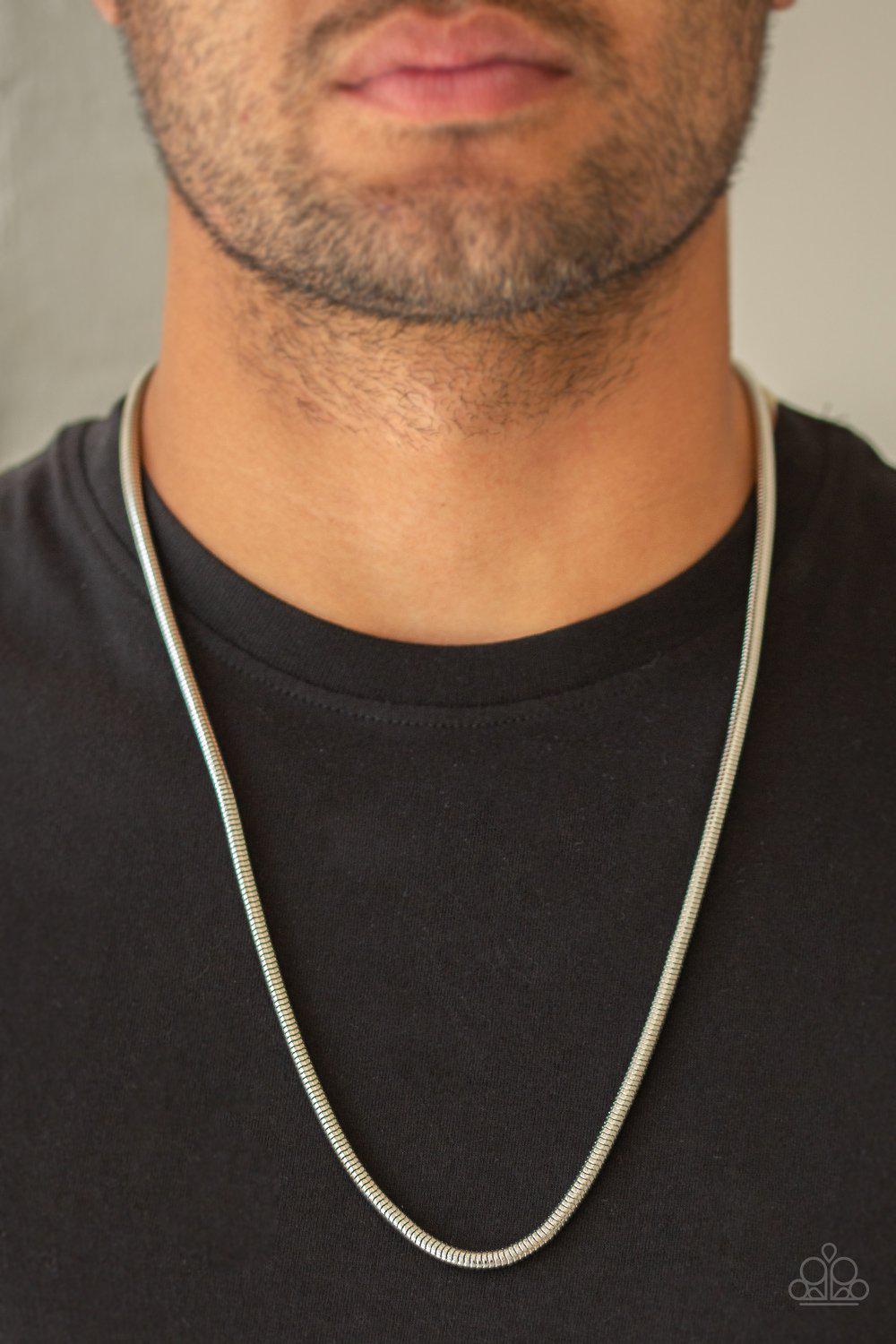 Victory Lap Men's Silver Snake Chain Necklace - Paparazzi Accessories- on model - CarasShop.com - Paparazzi Jewelry by Cara Jewels
