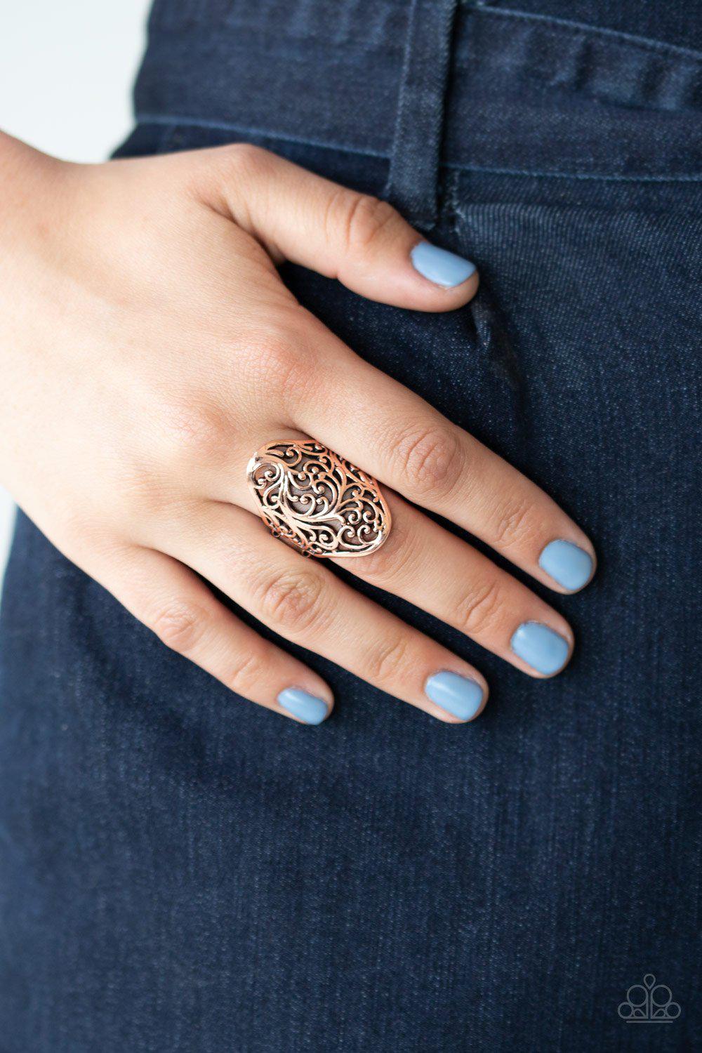 Vine Vibe Copper Filigree Ring - Paparazzi Accessories- on model - CarasShop.com - Paparazzi Jewelry by Cara Jewels