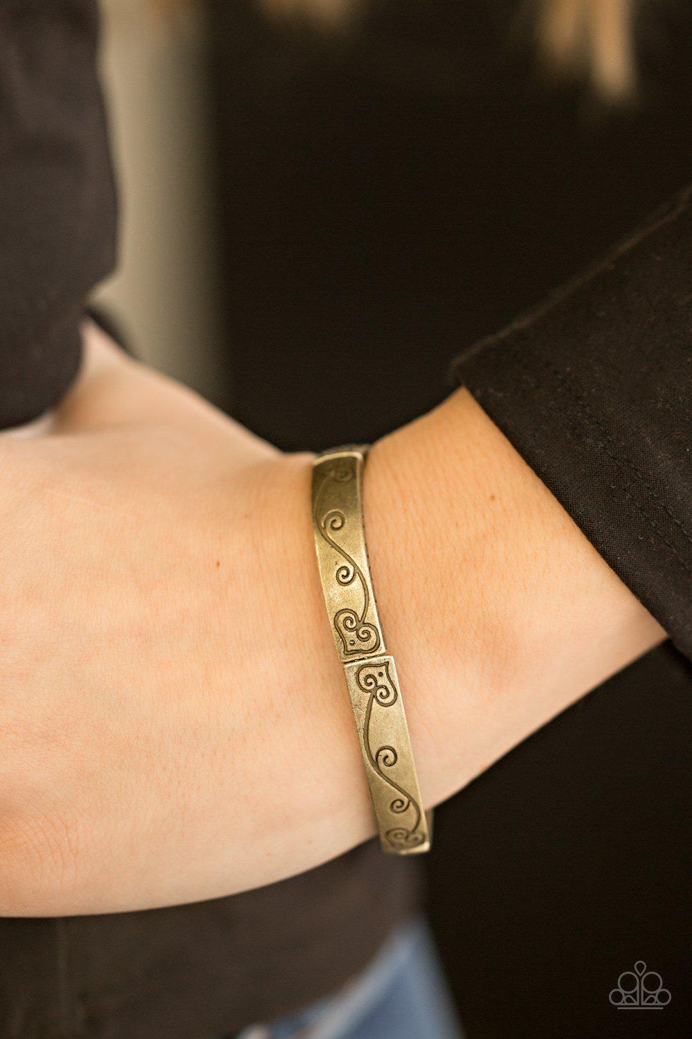 Vine With Me Brass Stretch Bangle Bracelet - Paparazzi Accessories- on model - CarasShop.com - Paparazzi Jewelry by Cara Jewels